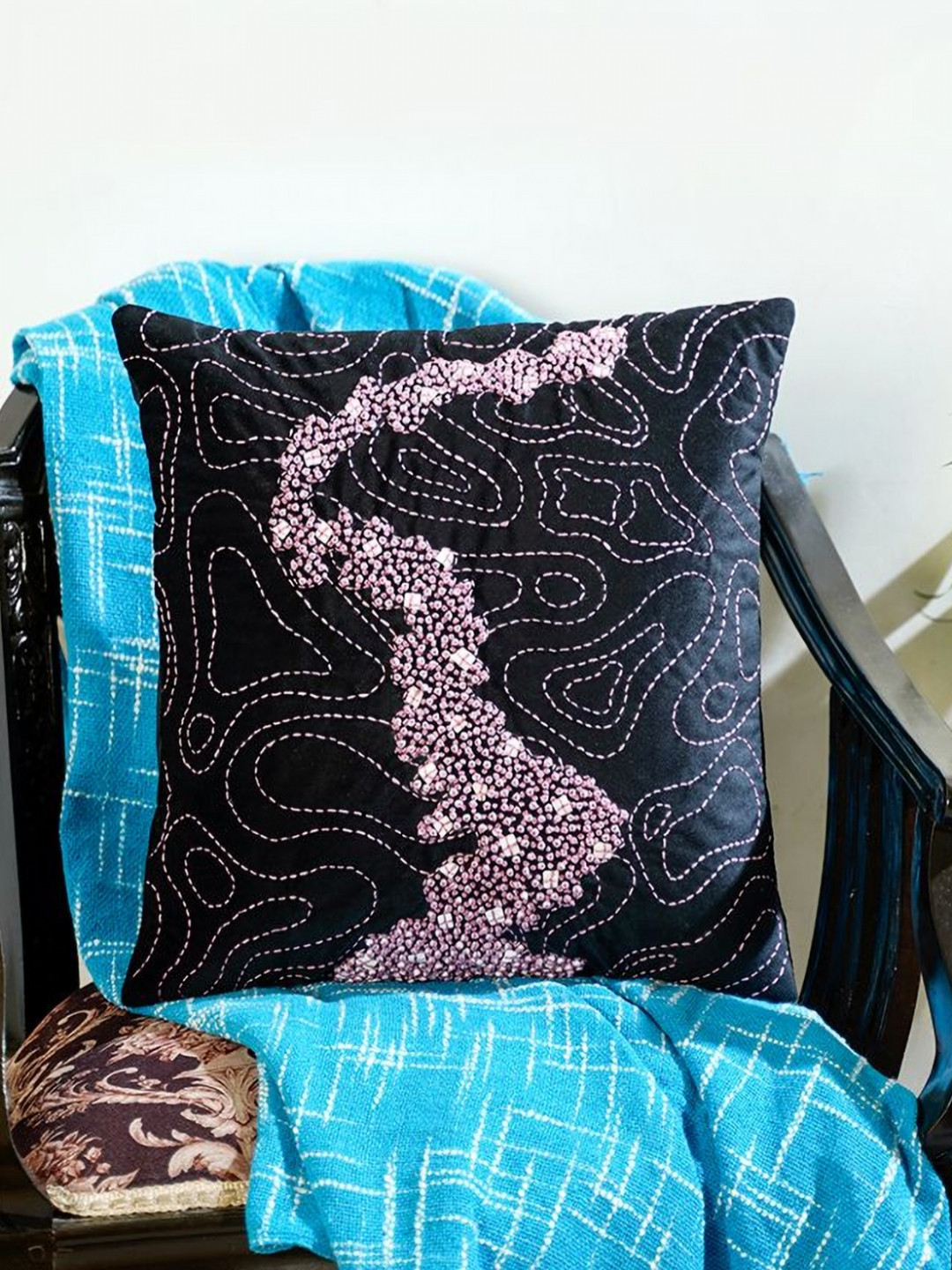 Mid July Home Black & Pink Embroidered Velvet Square Cushion Cover