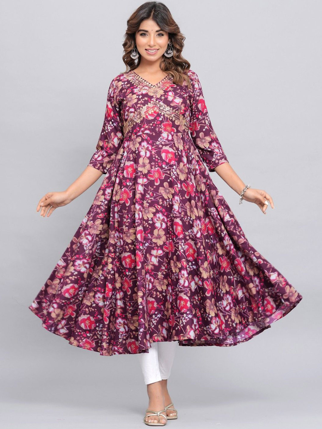 OKD Empires Floral Printed V-Neck Sequinned A-Line Kurta