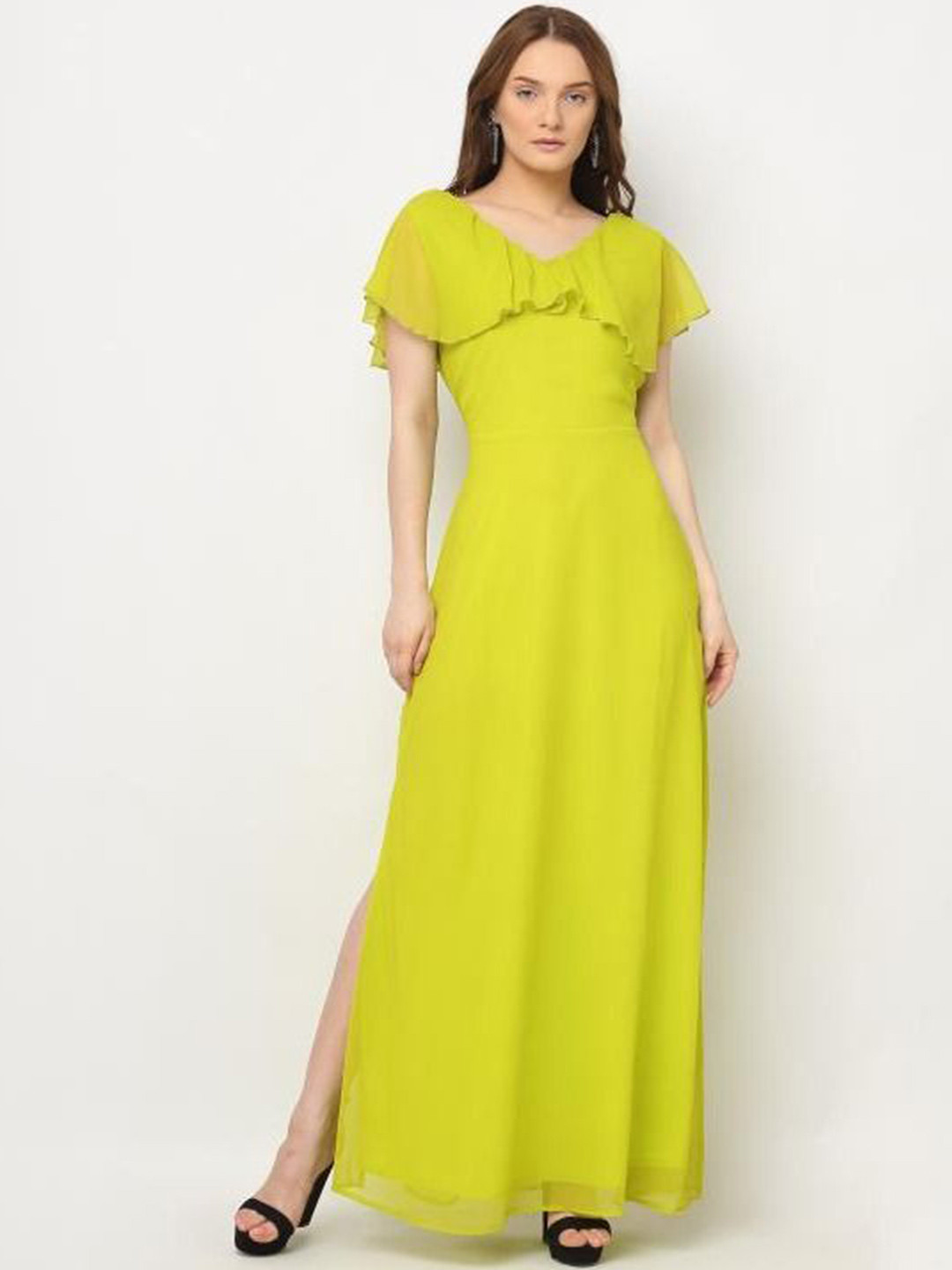 La Zoire Solid Ruffled Fit & Flare Maxi Dress