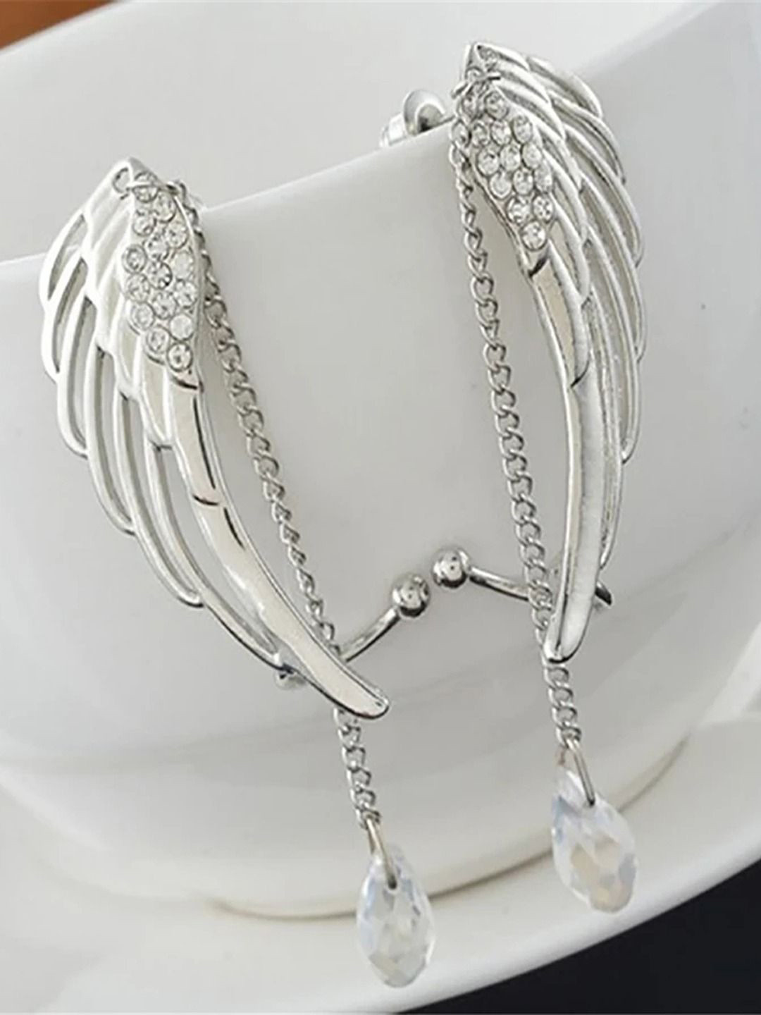 KRENOZ Silver Plated Contemporary Angel Wings Drop Earrings