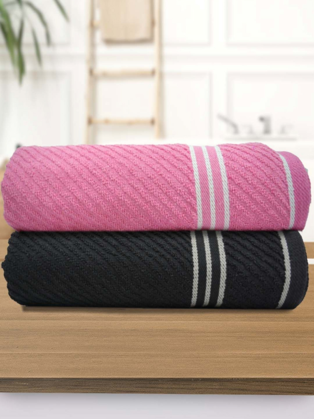 Aura Pink & Black 2 PcsCotton 400 GSM Bath Towel