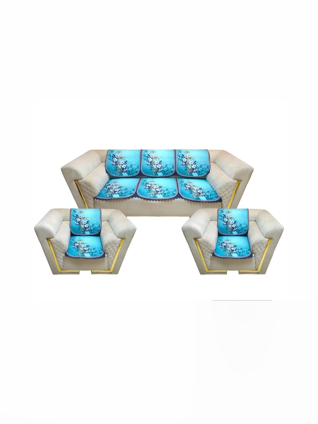 MONKDECOR Teal & Navy Blue 6 Pieces Printed 5 Seater Velvet Sofa Cover
