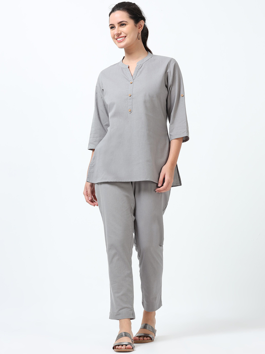 Marcia Mandarin Collar Pure Cotton Tunic With Trousers