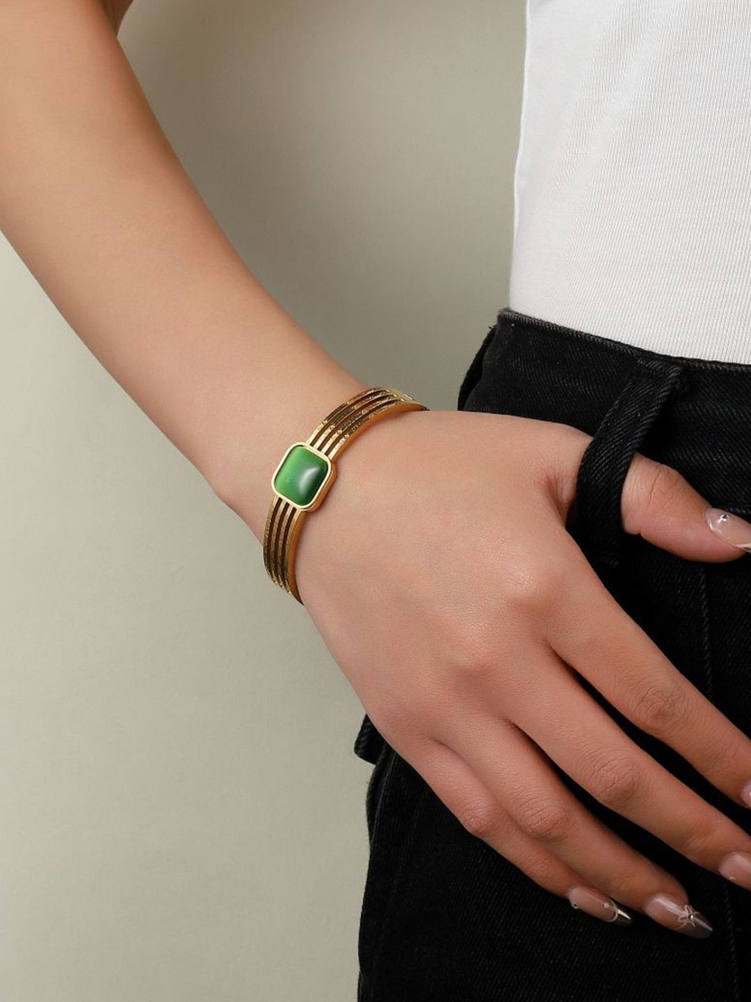 SALTY Pristine Stainless Steel Pearl Stone-Studded Bangle-Style Bracelet