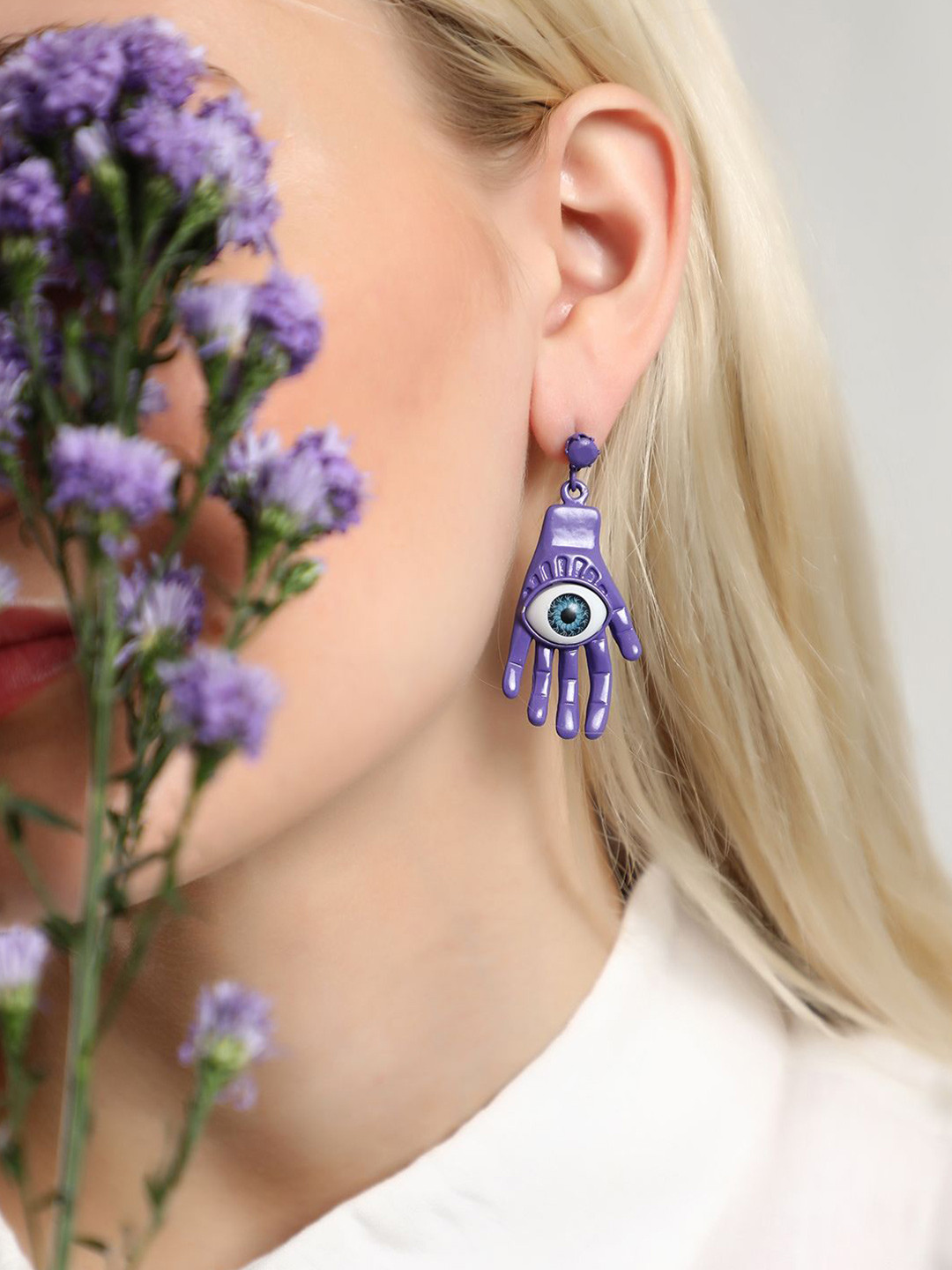 SOHI Oxidised Hamsa Amerthyst Purple Artificial Stones Drop Earrings