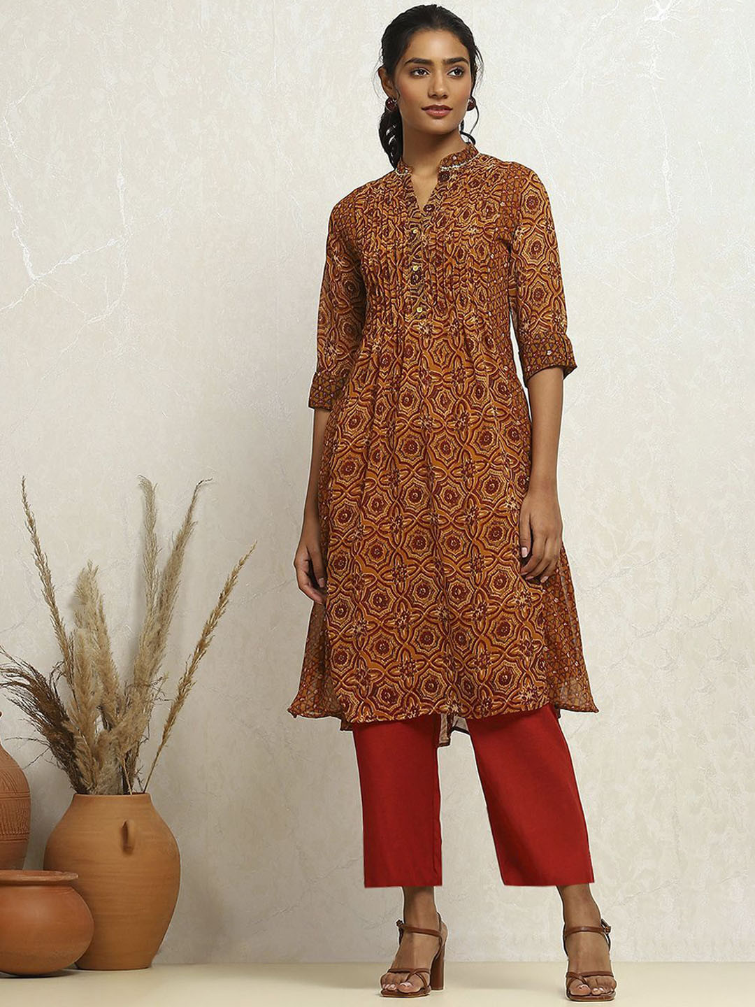 Biba Ethnic Motifs Indie Prints Mandarin Collar Georgette A-Line Kurta