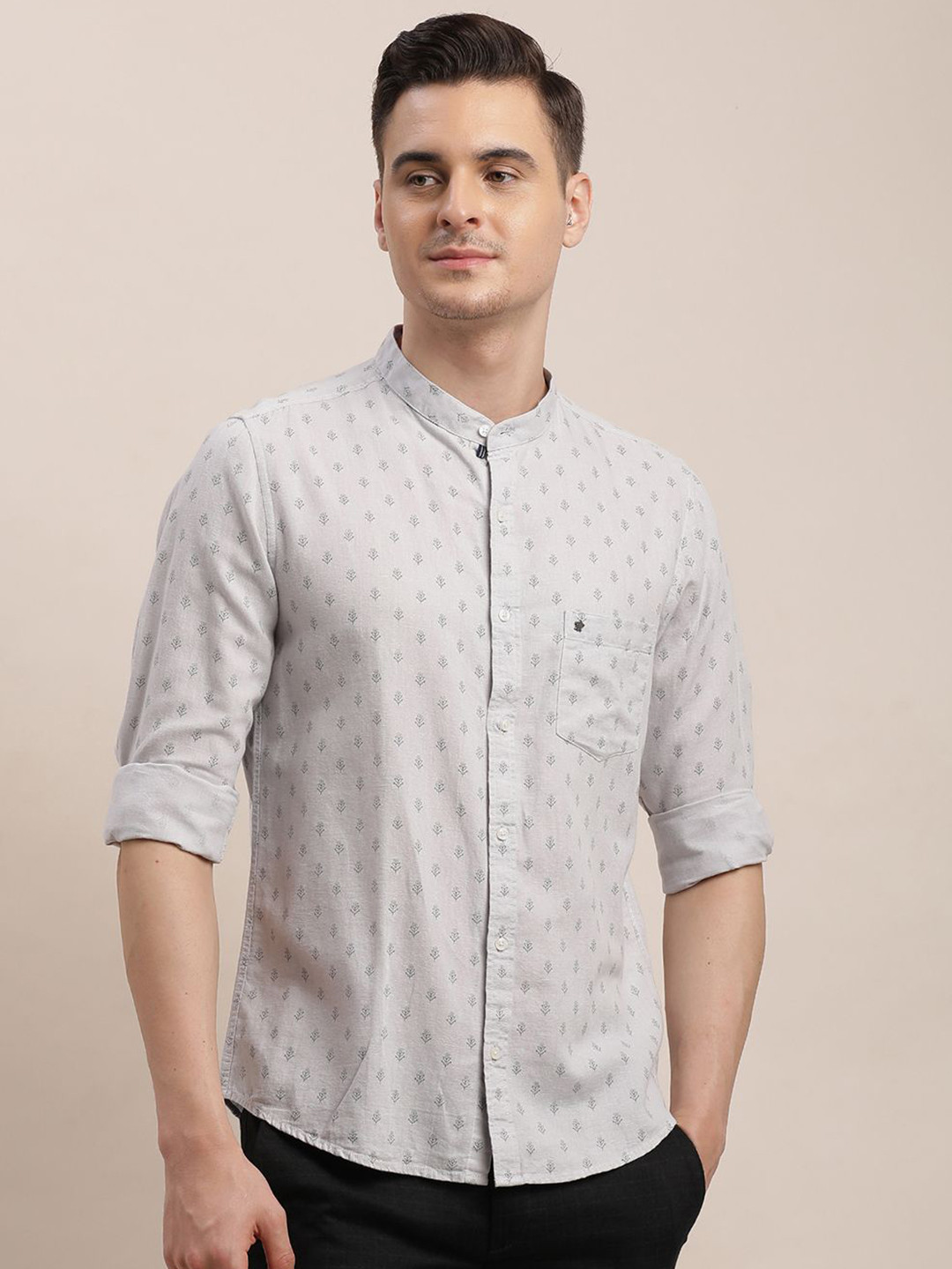 Turtle Men Relaxed Band Collar Micro Ditsy Printed Cotton Linen Slim Fit Casual Shirt
