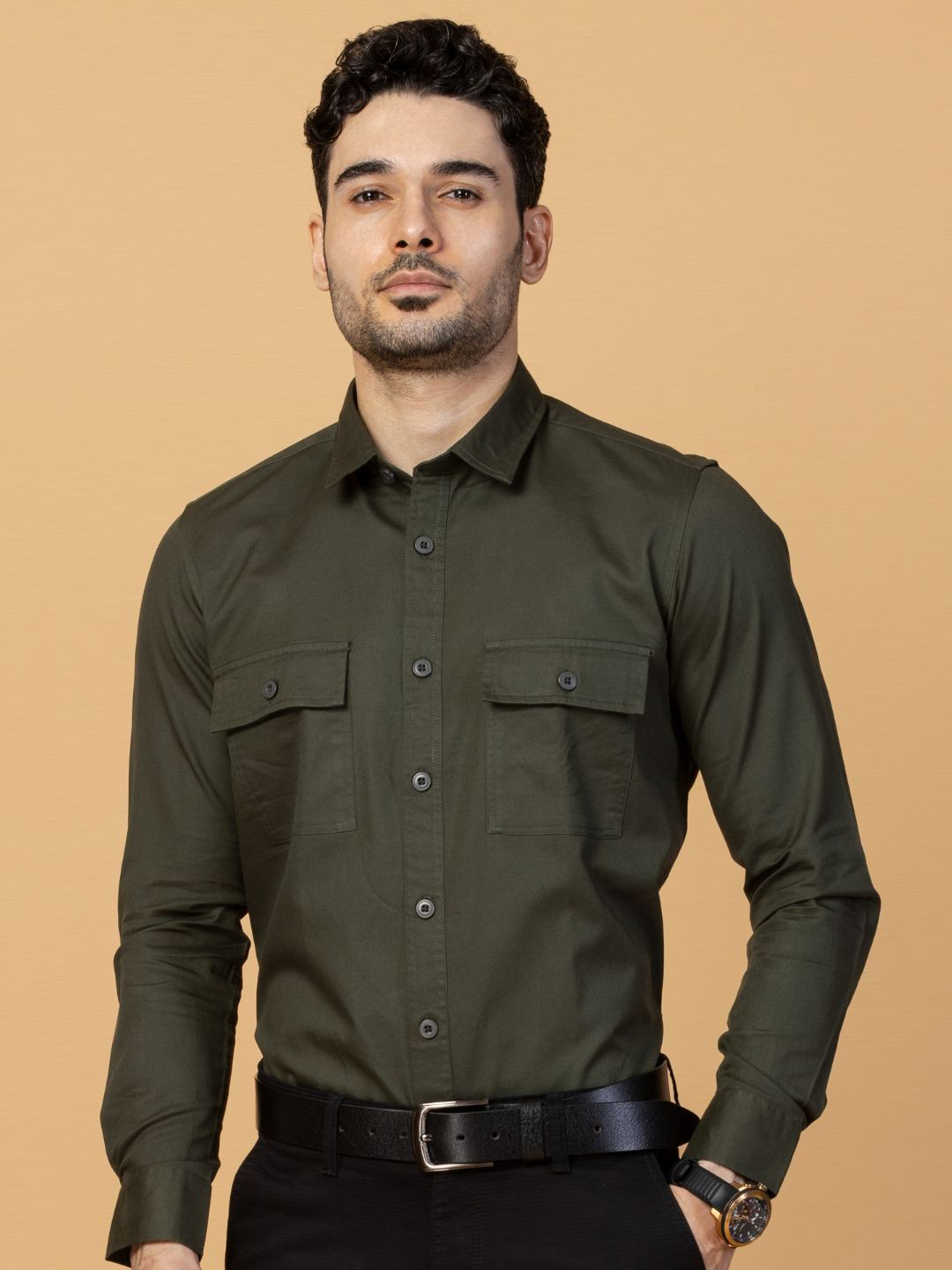 USMC Men Smart Spread Collar Solid Cotton Slim Fit Casual Shirt