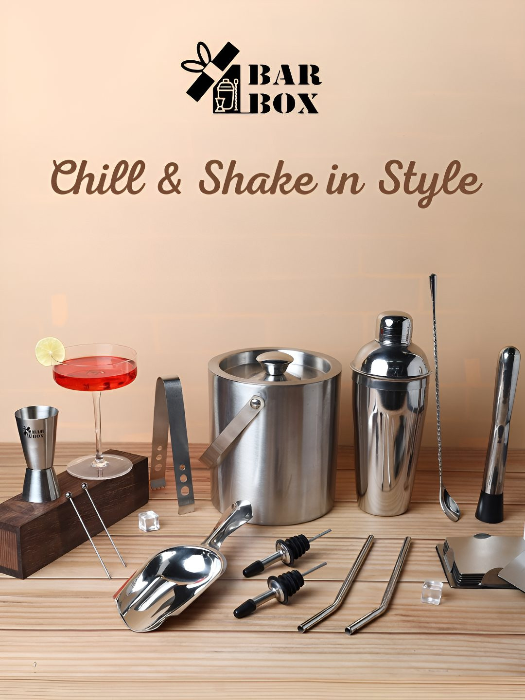 BAR BOX Silver Toned 16 Pieces Stainless Steel Barware Tool Set