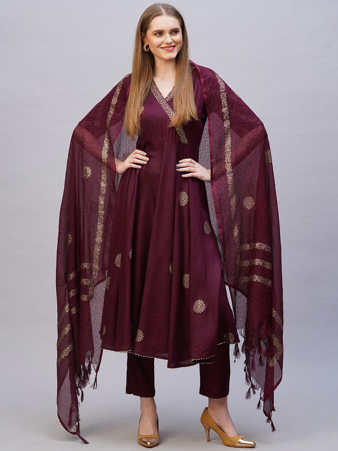 GoSriKi Floral Printed V-Neck Anarkali Kurta With Trousers & Dupatta