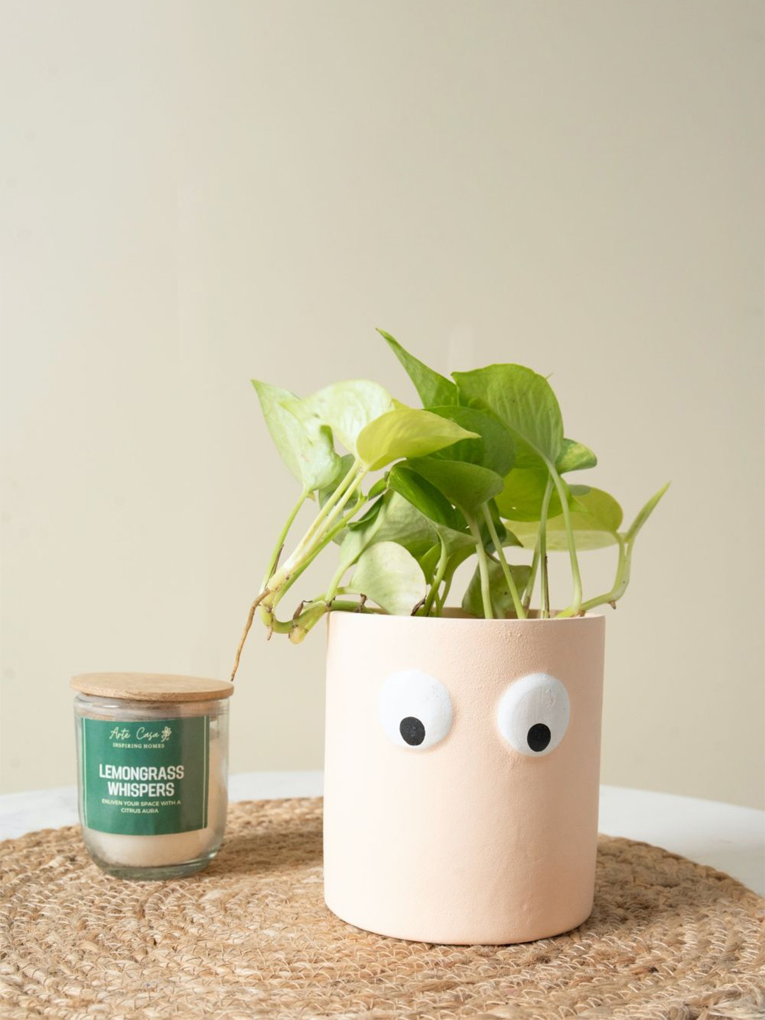 ArteCasa Beige & White Textured Ceramic Face of Green Planter