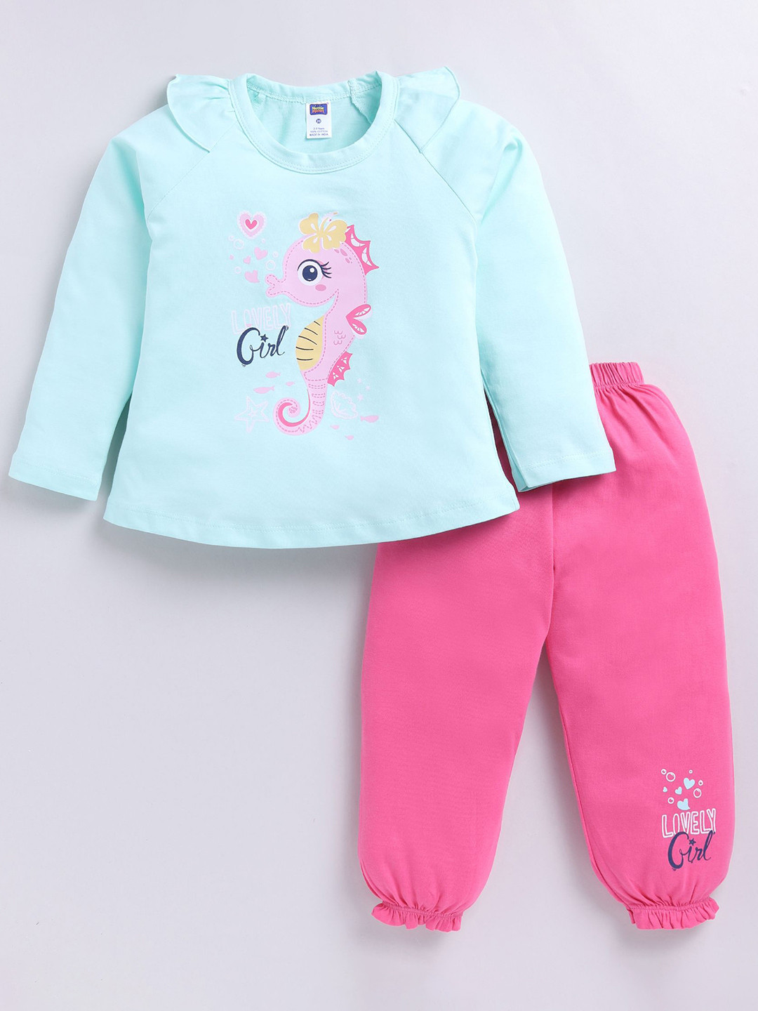 Nottie Planet Girls Sea Horse Printed Pure Cotton T-shirt with Joggers