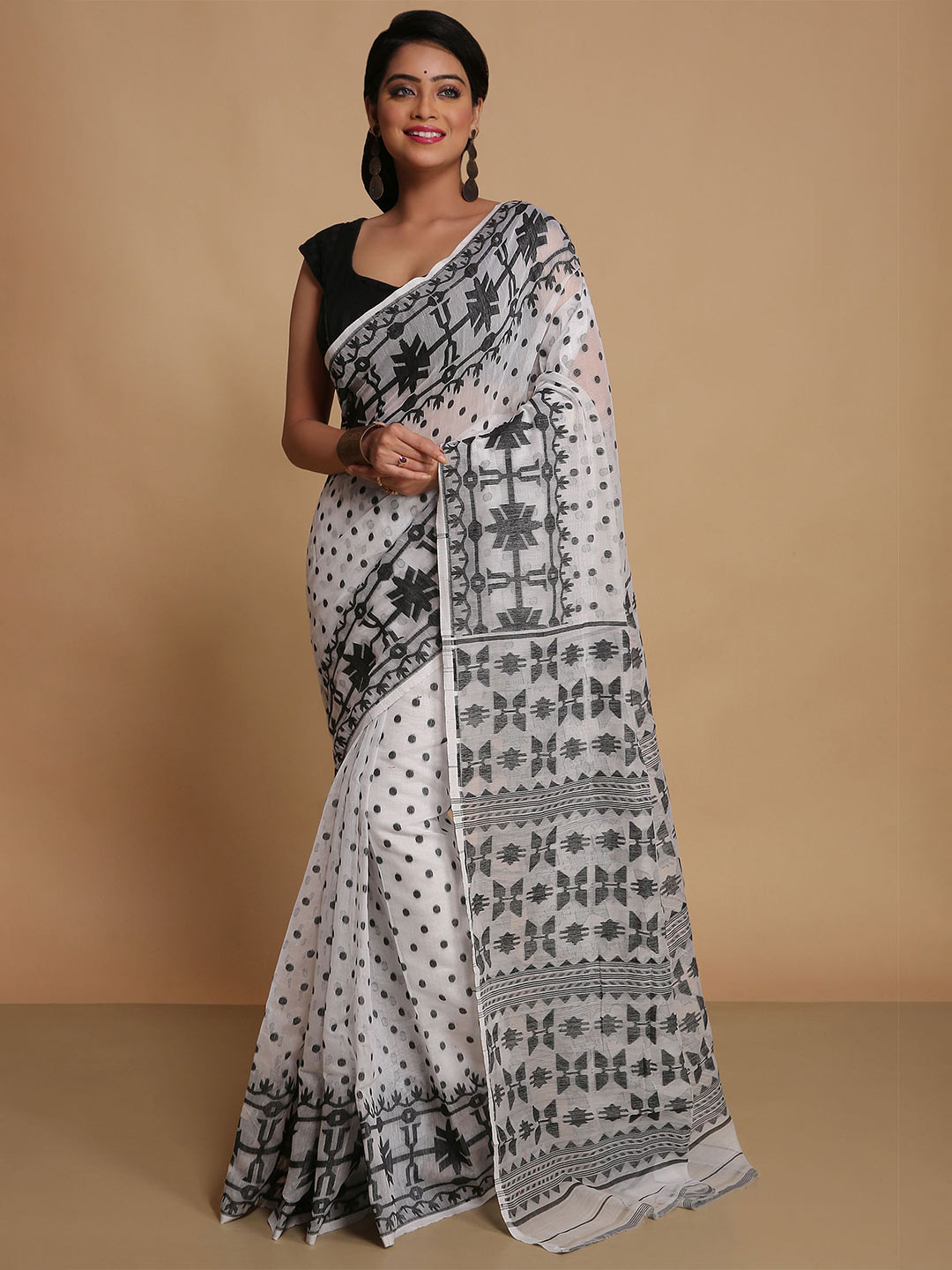 BENGAL HANDLOOM Polka Dot Art Silk Taant Saree