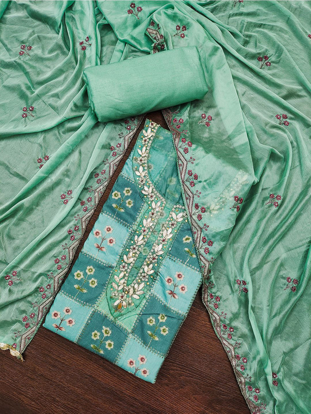 Lilots Floral Printed Beads and Stones Muslin Cotton Unstitched Dress Material