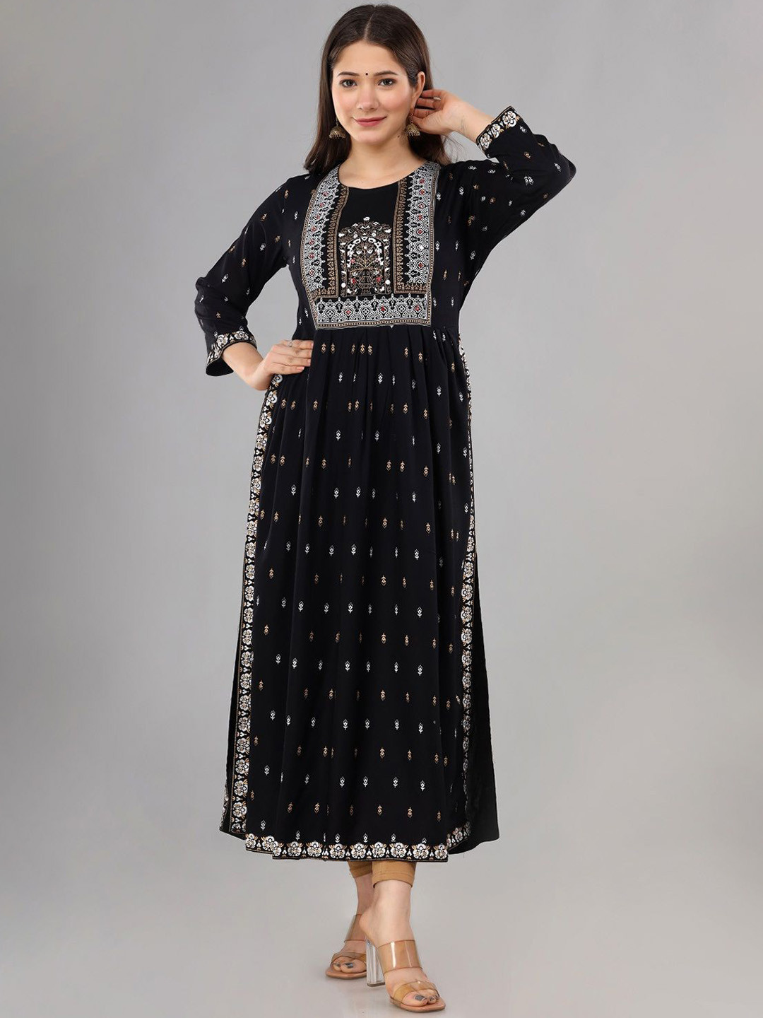 Athira Gold and Silks Ethnic Motifs Printed Round Neck Thread Work A-Line Kurta