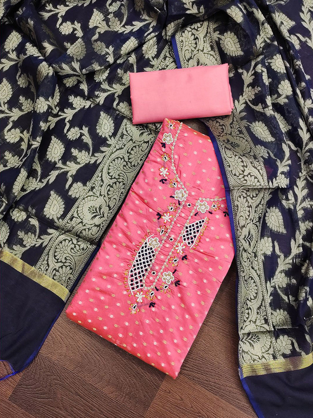 Lilots Floral Woven Design Beads and Stones Modal Unstitched Dress Material