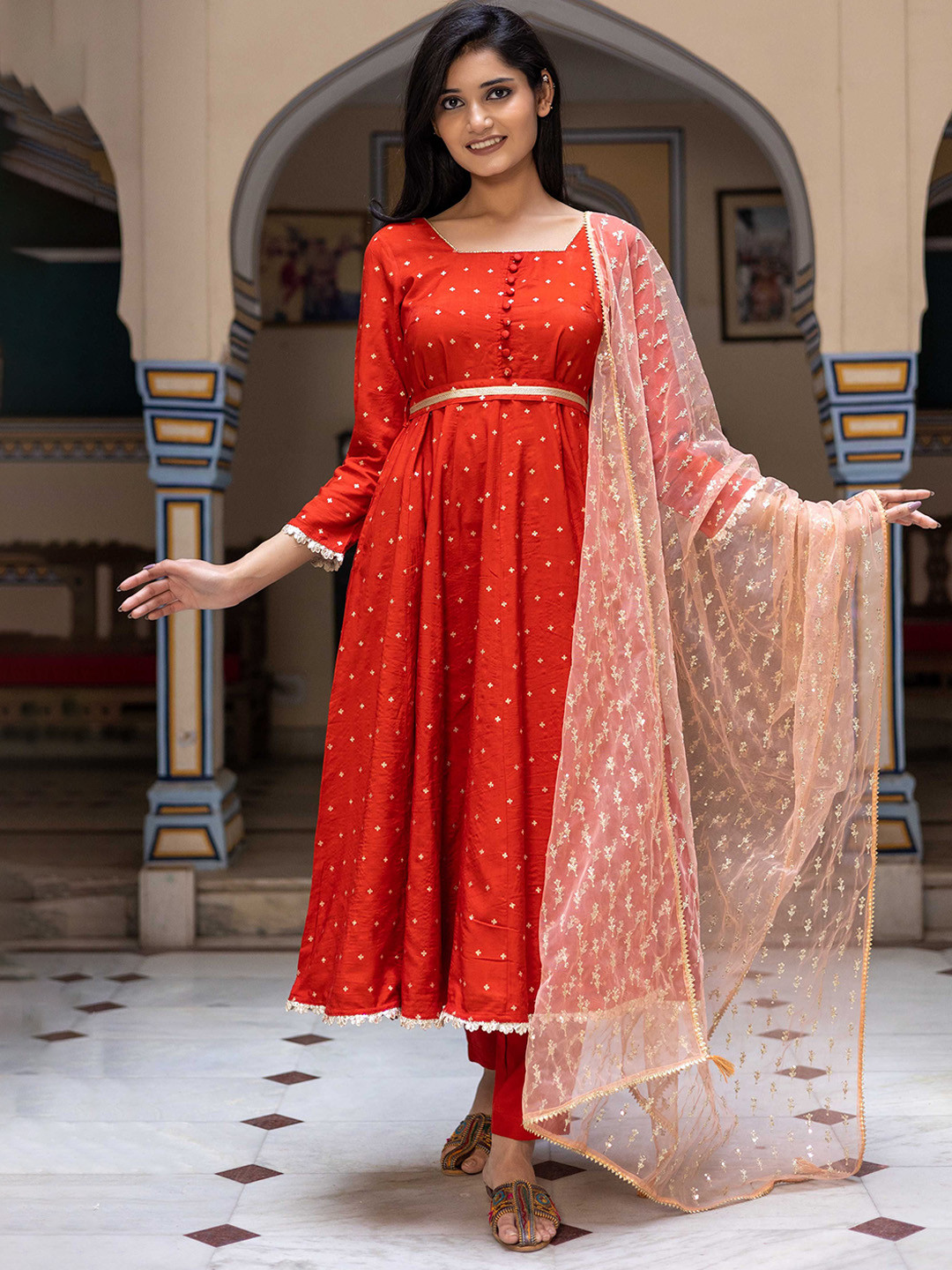 Buy HERE&NOW Geometric Printed Chanderi Silk Anarkali Kurta With