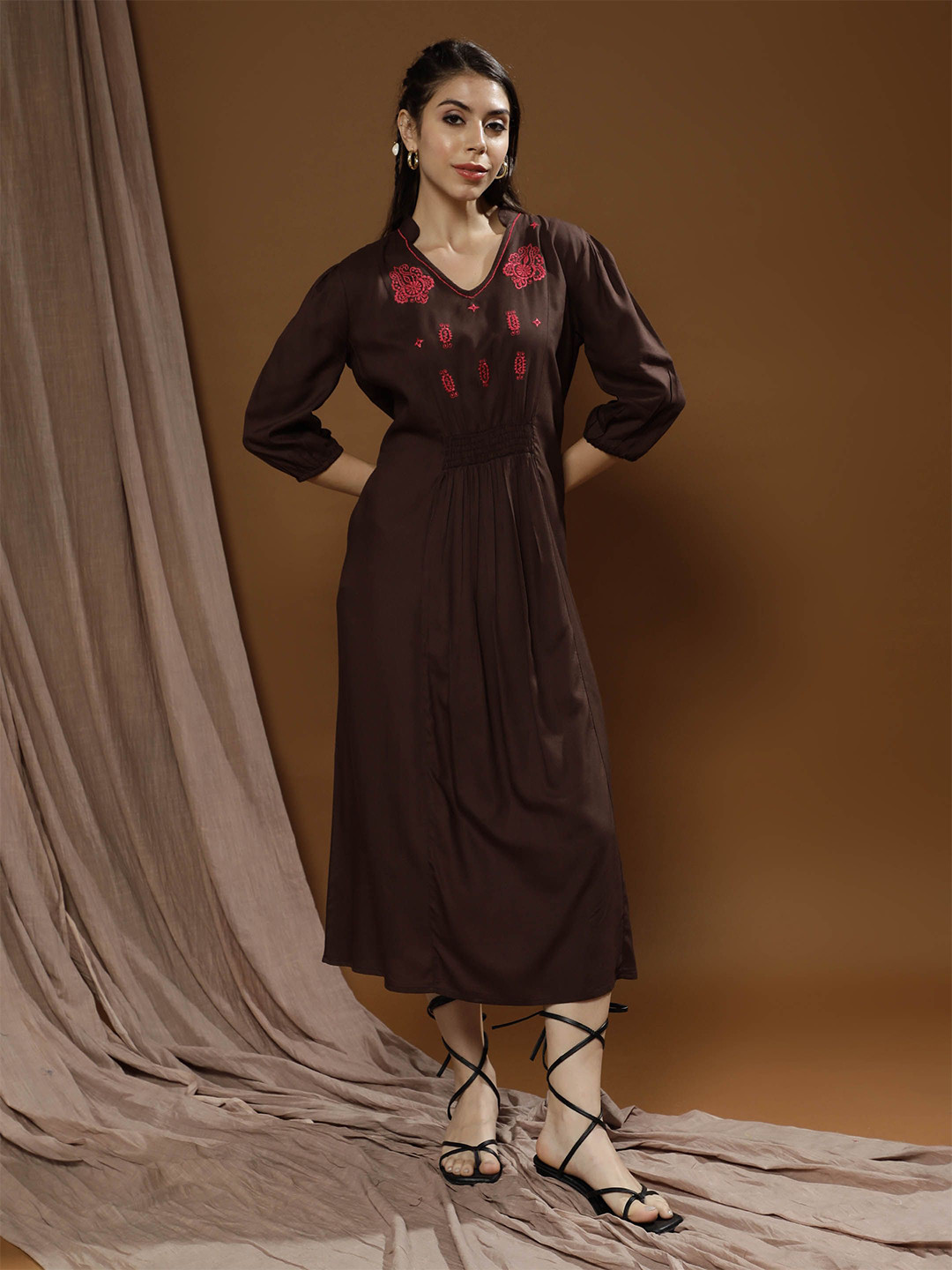 Boho By Athena Bohemian Embroidered A-Line Midi Dress
