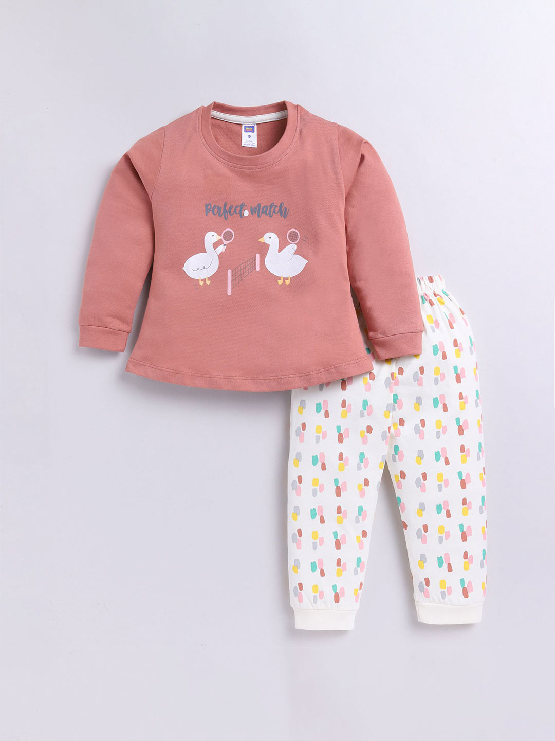 Nottie Planet Girls Bird Printed Pure Cotton T-shirt with Joggers