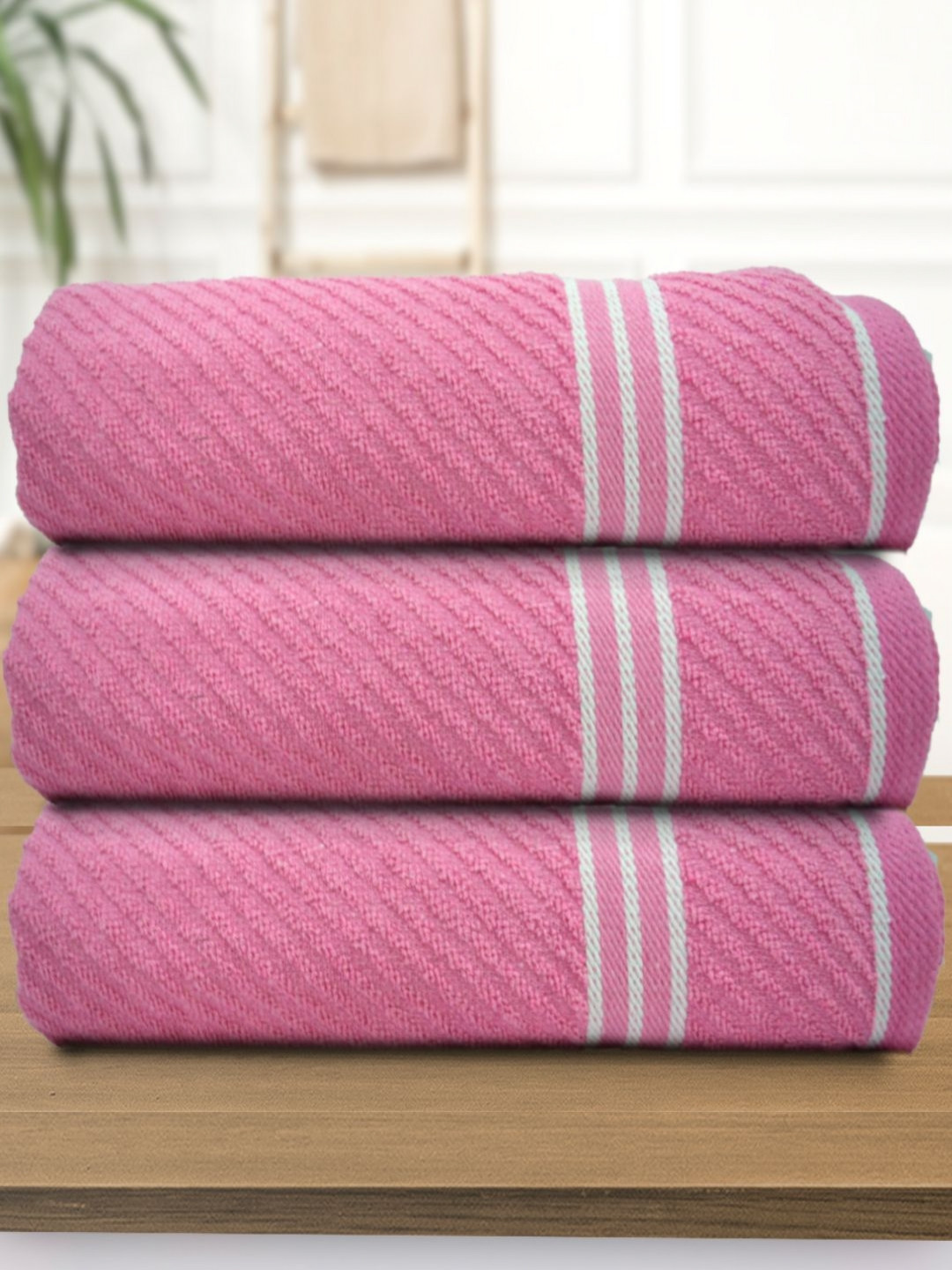 Aura 3 Pieces Pink Textured Cotton Water Absorbent Bath Towels 400 GSM