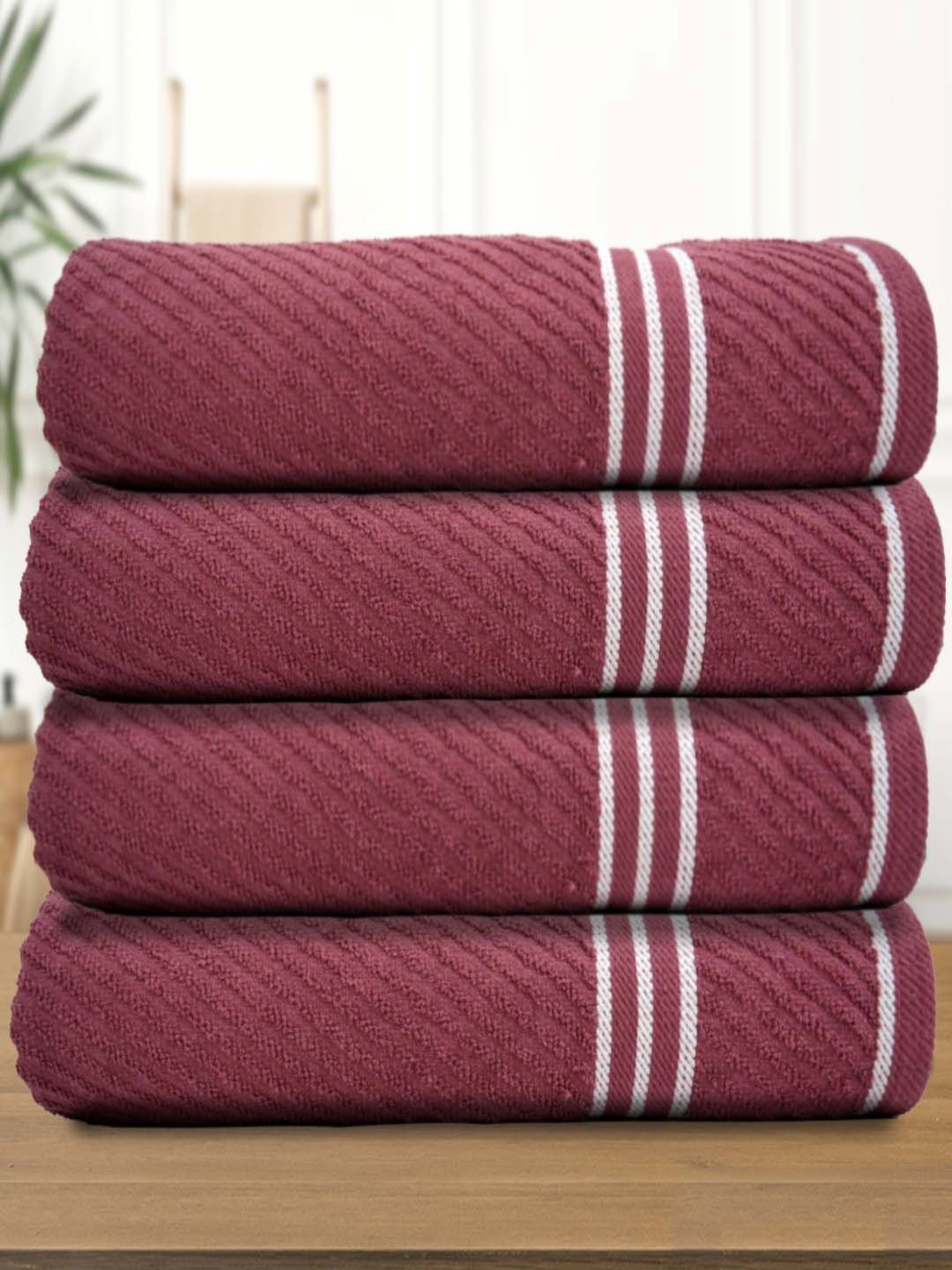 Aura Maroon & White 4 Pcs Cotton 400 GSM Bath Towel