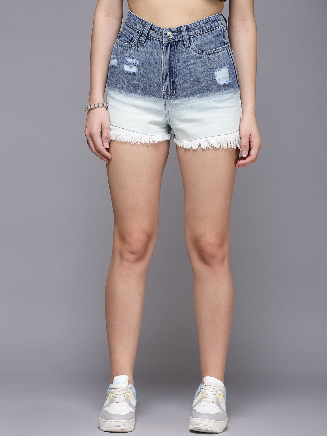 COSMIC TRIO Women Washed Distressed High-Rise Denim Shorts
