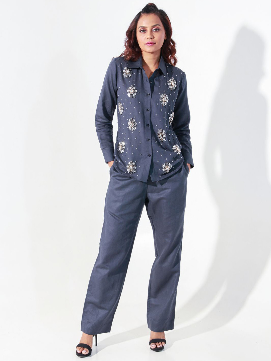ECHKE Embellished Linen Shirt With Trousers