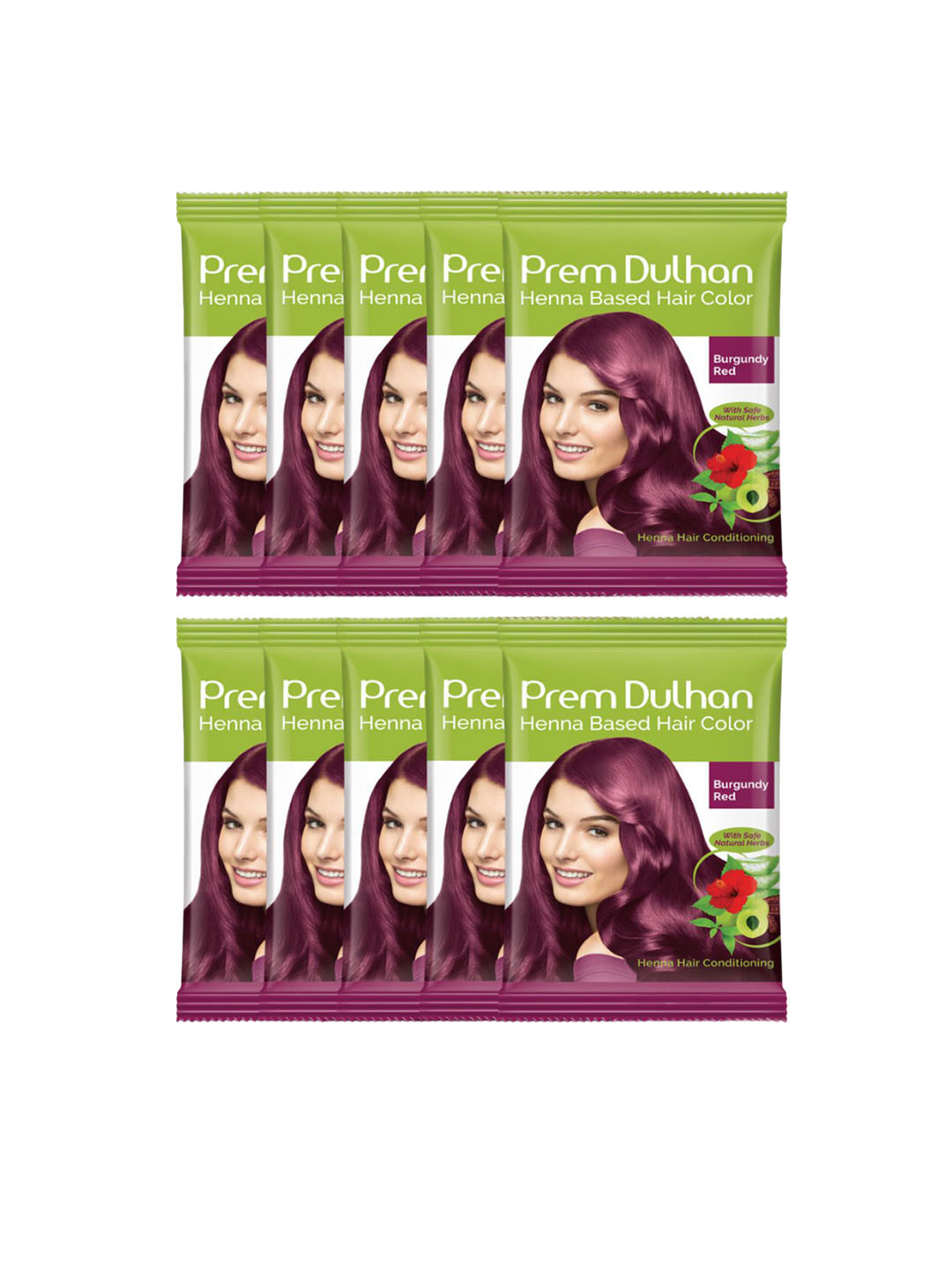 Prem Dulhan Set Of 10 Henna Based Hair Colour- Burgundy Red- 150gm Each