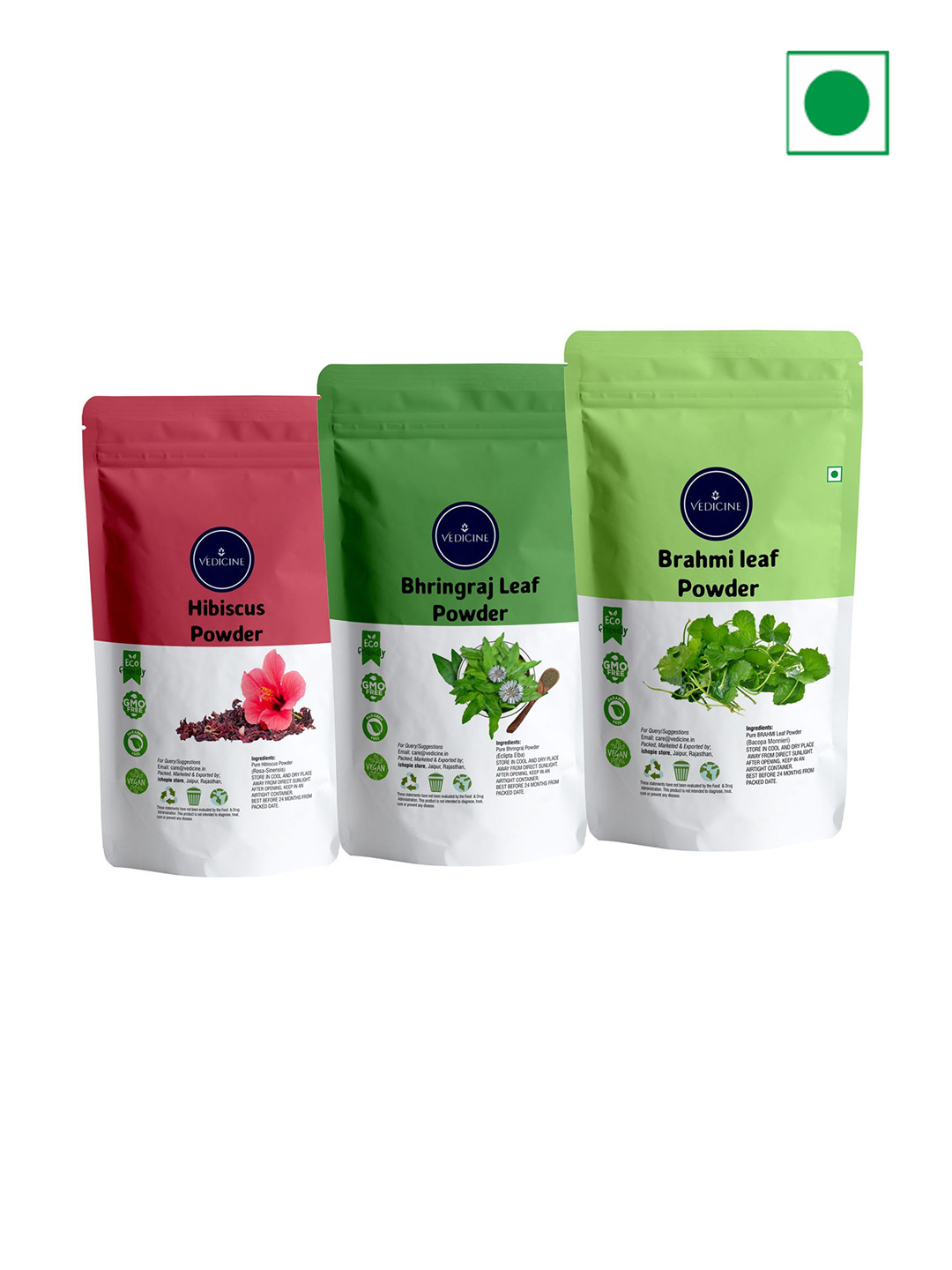 VEDICINE Set of 3 Hibiscus Brahmi Bhirngraj Powder For Hair Care - 50 g Each