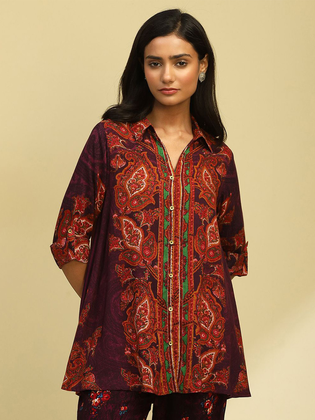 Biba Print Roll-Up Sleeves Shirt Style Top