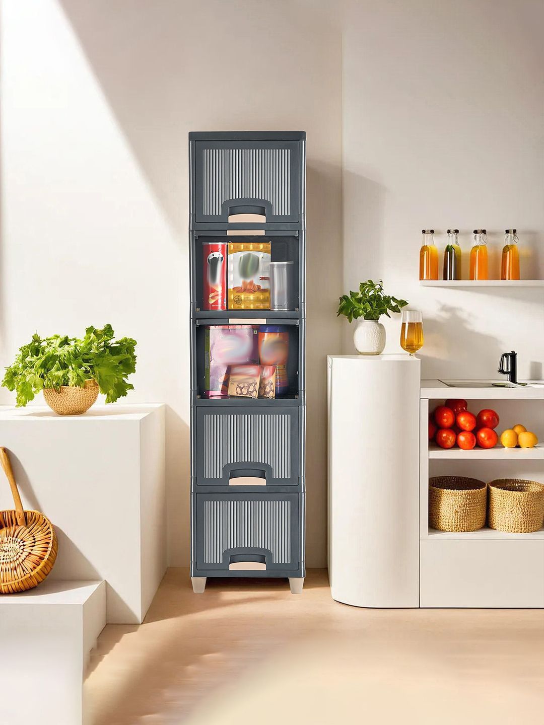 Kuber Industries 5 Unit Grey & Cream Textured Foldable Organiser