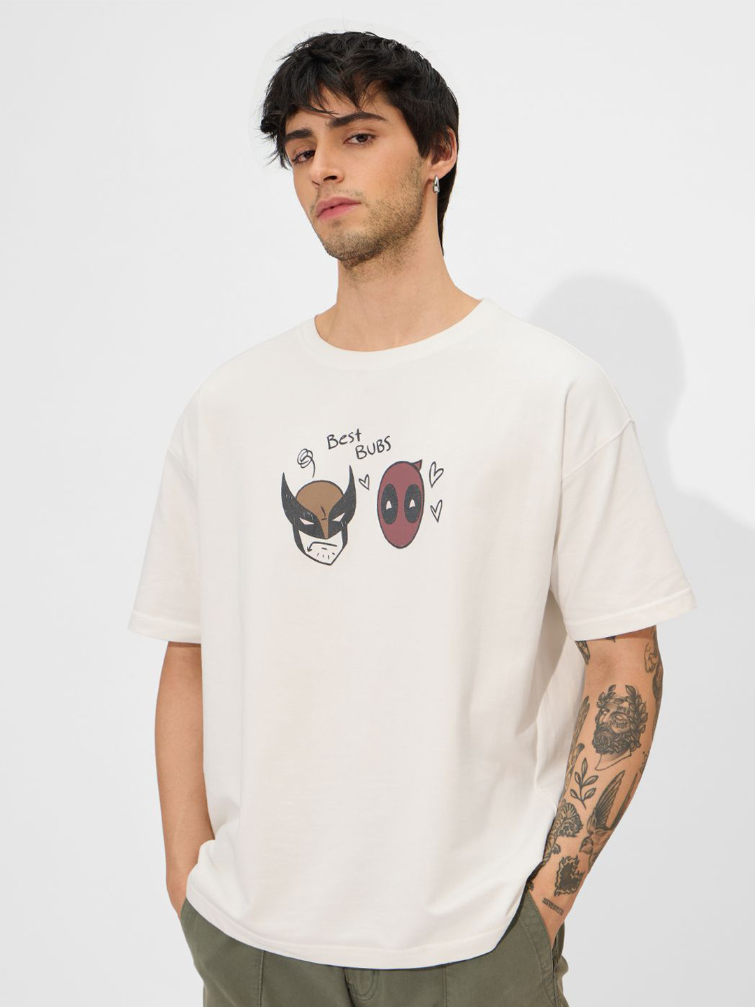 The Souled Store Official Men Marvel: Buds White Oversized Fit T-Shirt