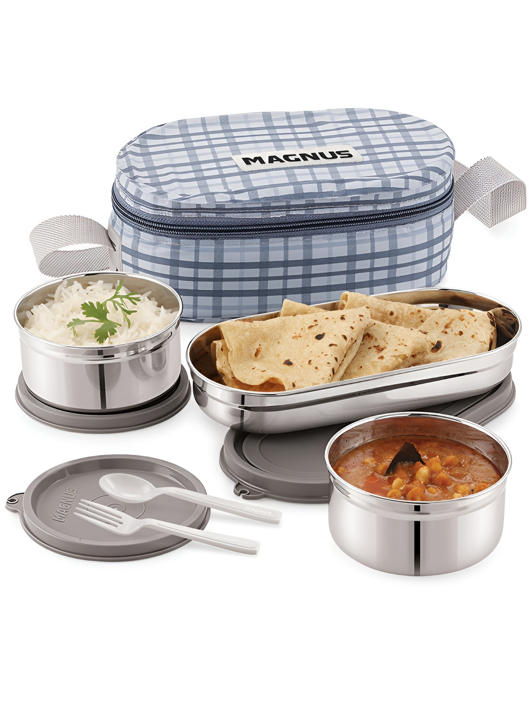 MAGNUS Deli Grey 3 Pieces Printed Stainless Steel Lunch Box With Lunch Bag