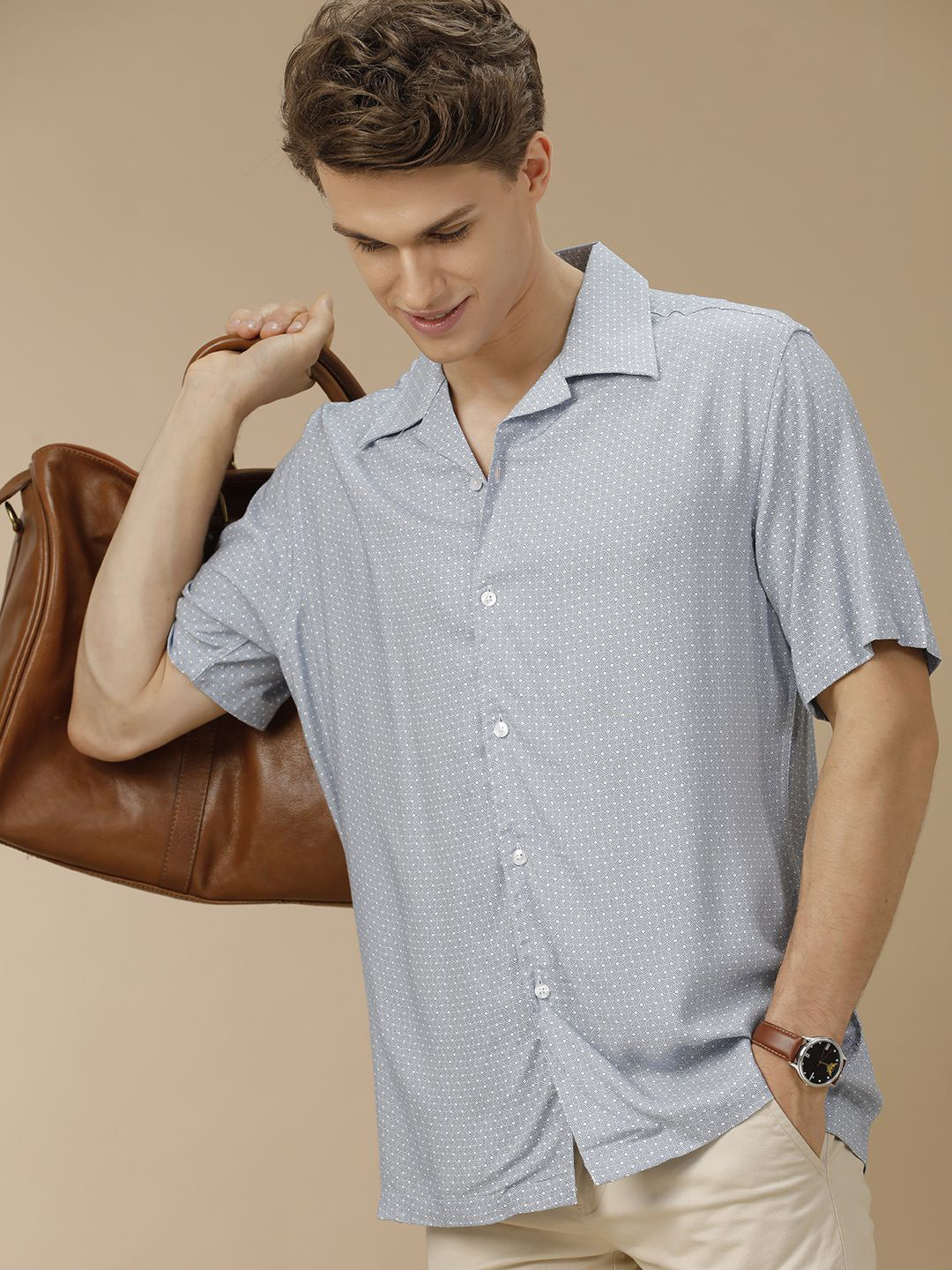 Aldeno Men Comfort Cuban Collar Micro Ditsy Printed Casual Shirt