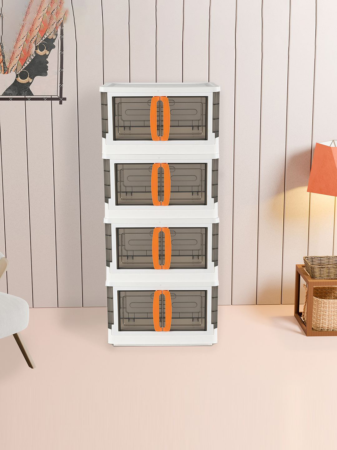 Kuber Industries White & Black Textured 4 Tier Foldable Organiser