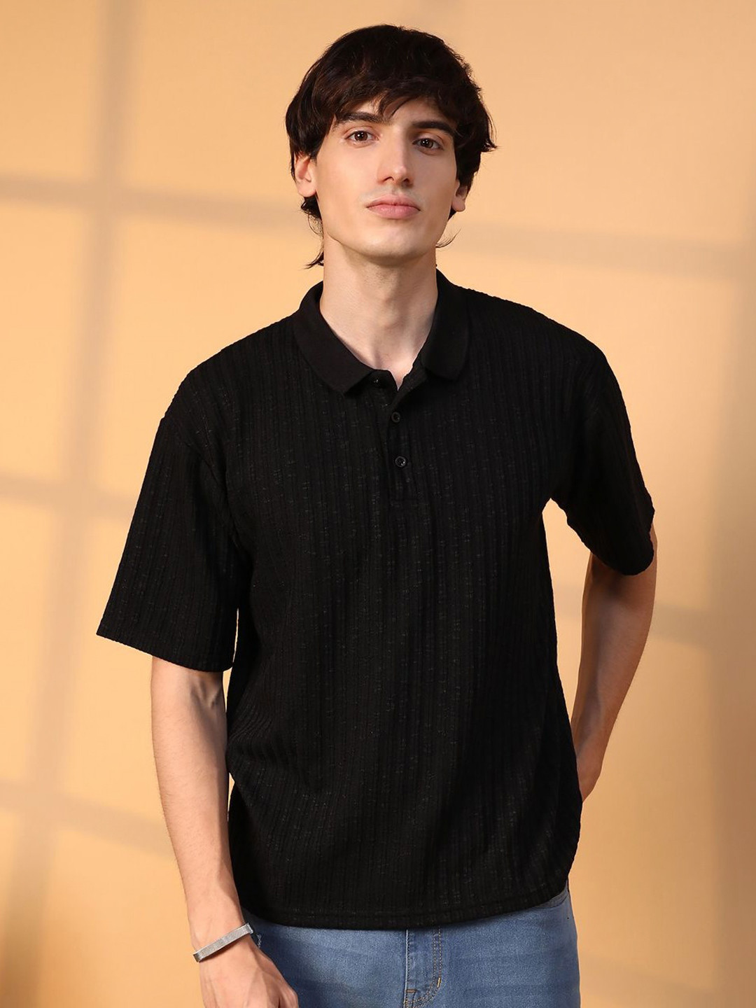 CAHOOT Men Self Design Polo Collar Cotton T-Shirt