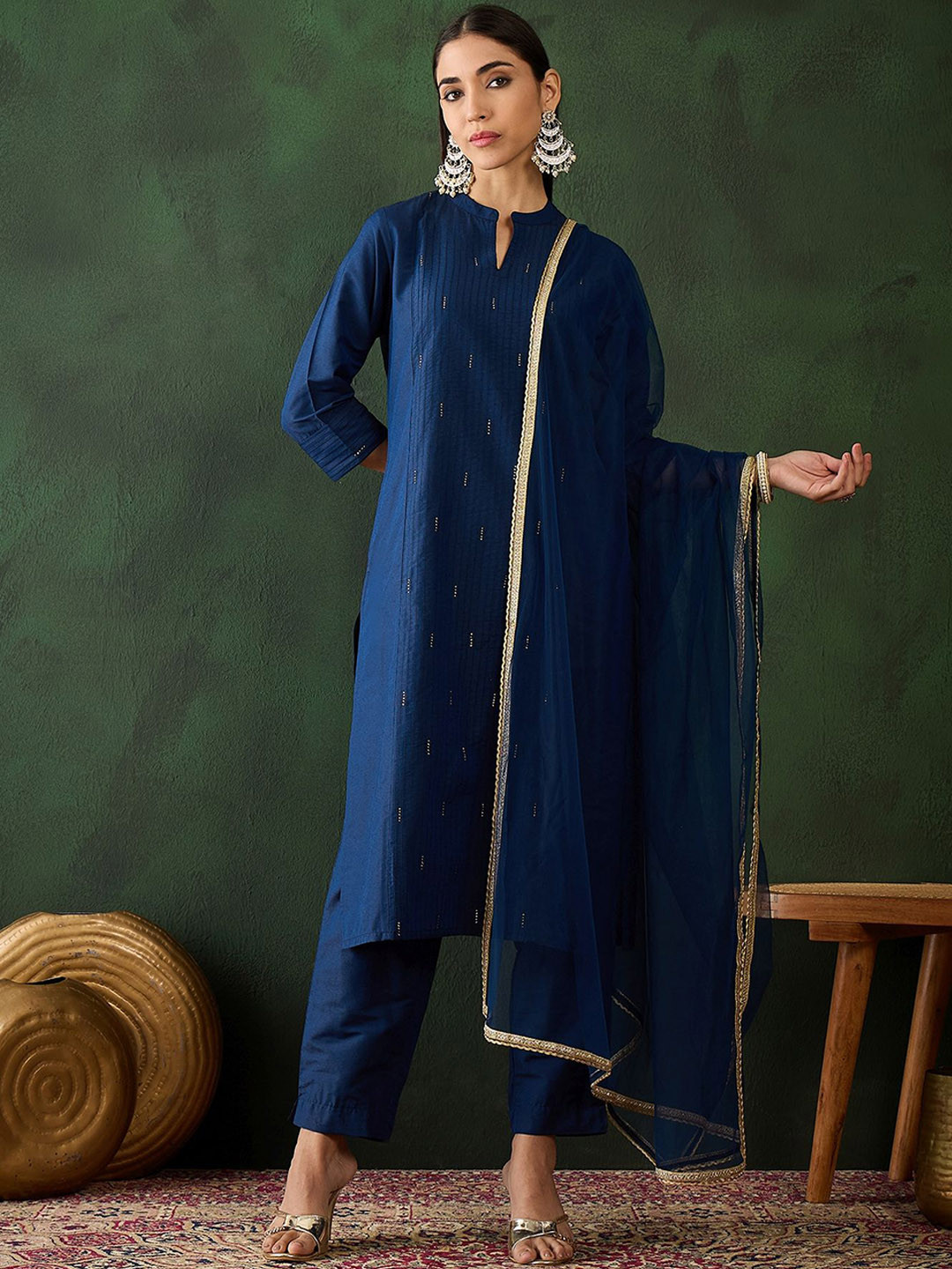Sangria Navy Blue Stripped Self Design Pintuck Pure Cotton Kurta & Trouser With Dupatta