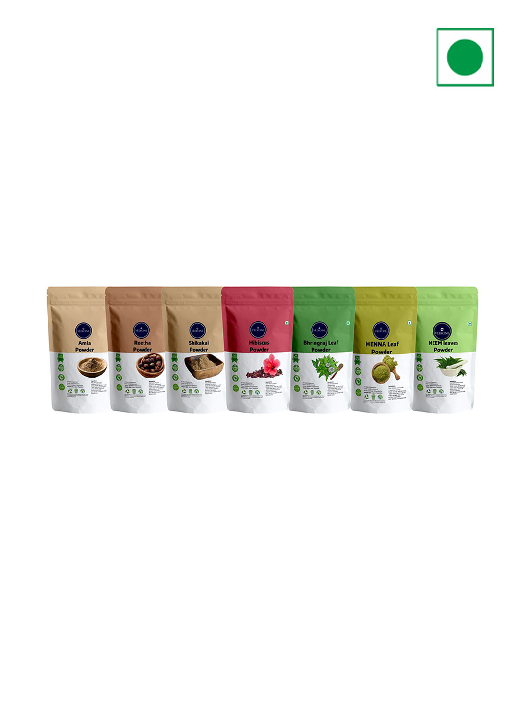 VEDICINE Set Of 7 Amla Reetha Shikakai Hibiscus Bhringraj Heena & Neem Leaf Powder - 70 g