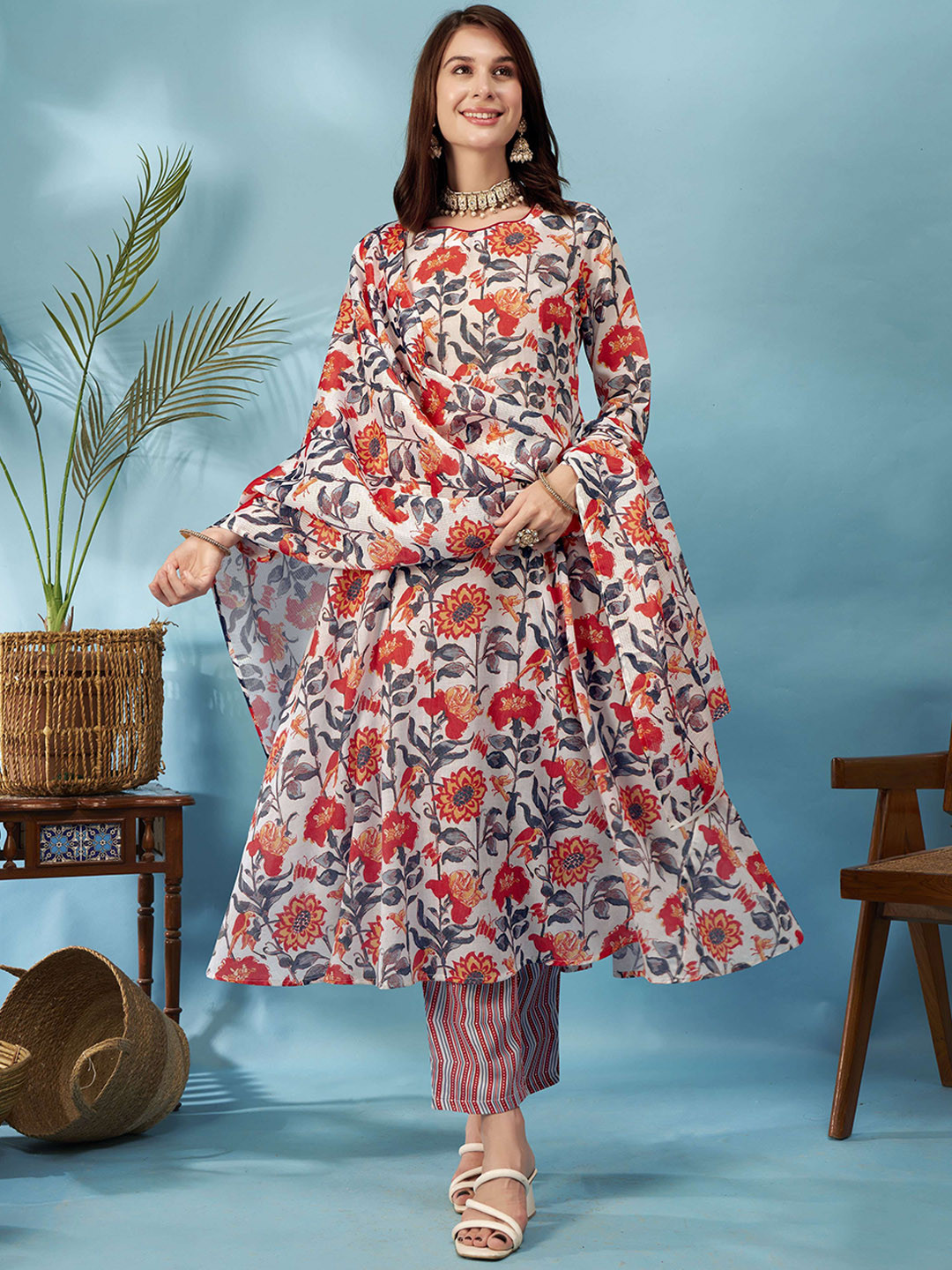 Anouk Rustic White & Orange-Coloured Floral Printed Round Neck Kurta with Trouser & Dupatta