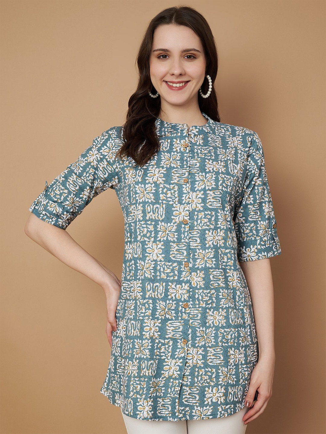 Cotton Crunch Floral Print Mandarin Collar Top