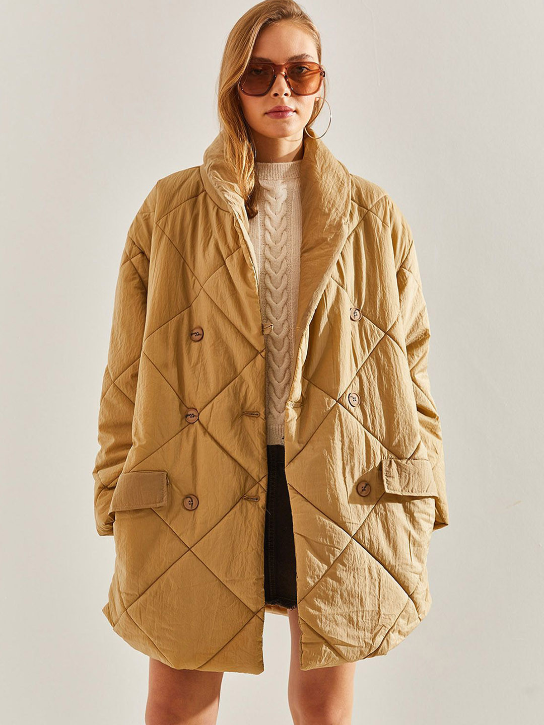 BIANCO LUCCI Checked Shawl Collar Longline Puffer Jacket