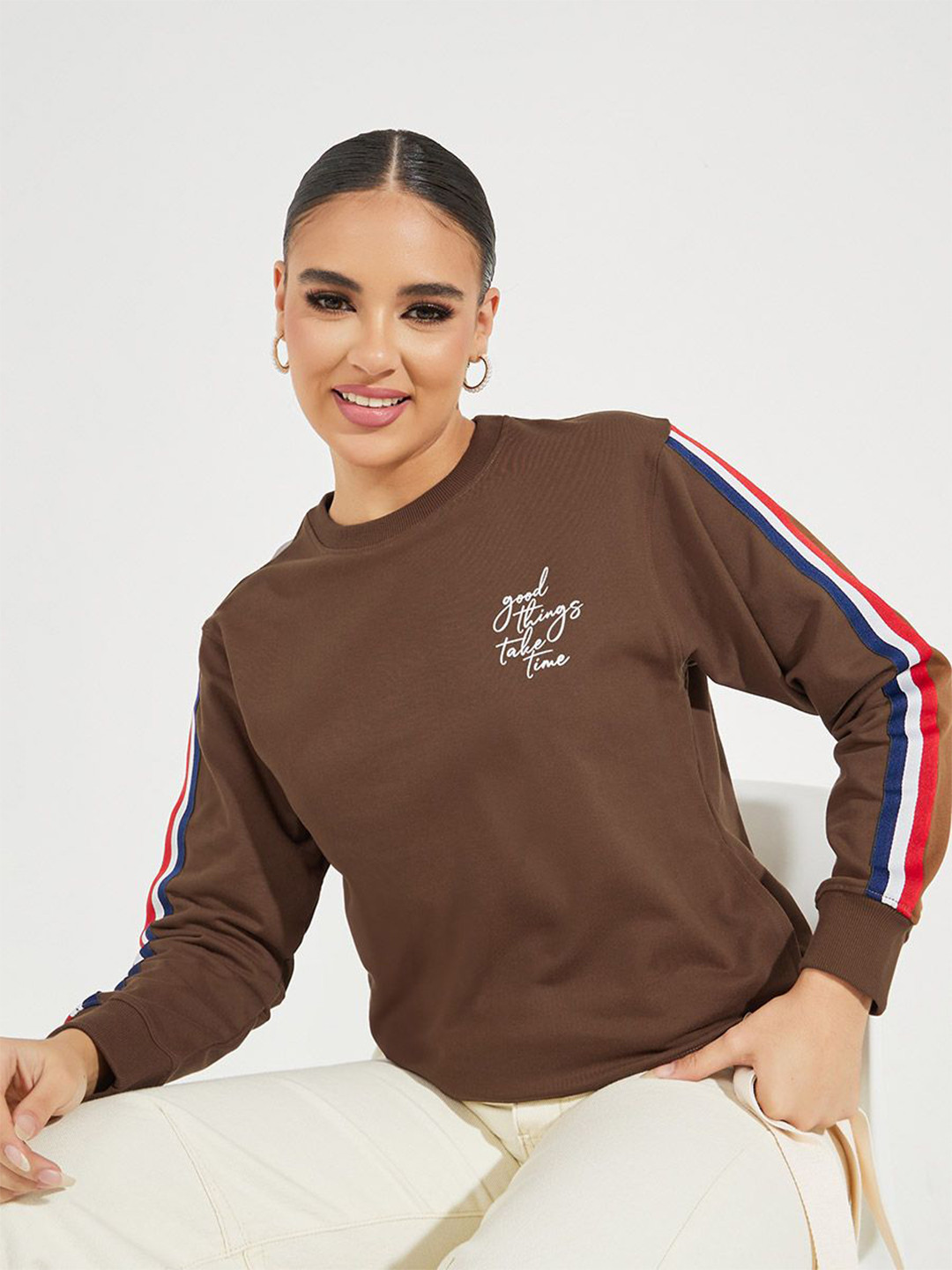 Styli Women Regular Fit Casual Sweatshirt With Colour Blocked Stripe Sleeve