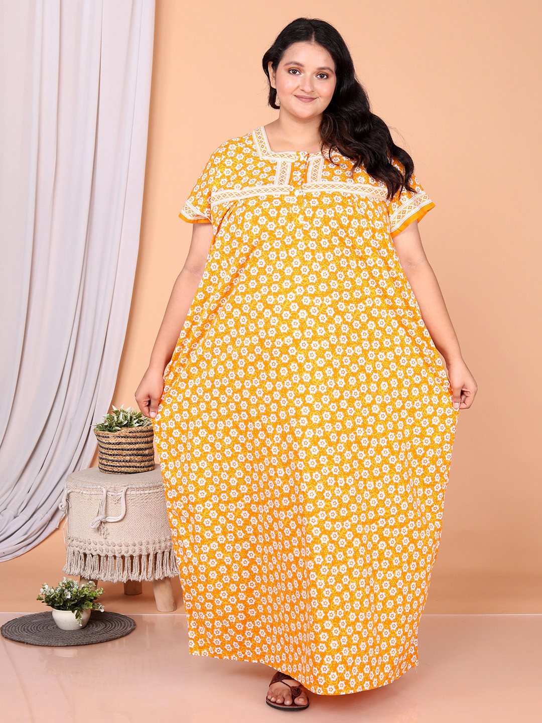 JAIPZZ APPARELS Floral Printed Maxi Nightdress JA-ND-YEL-233