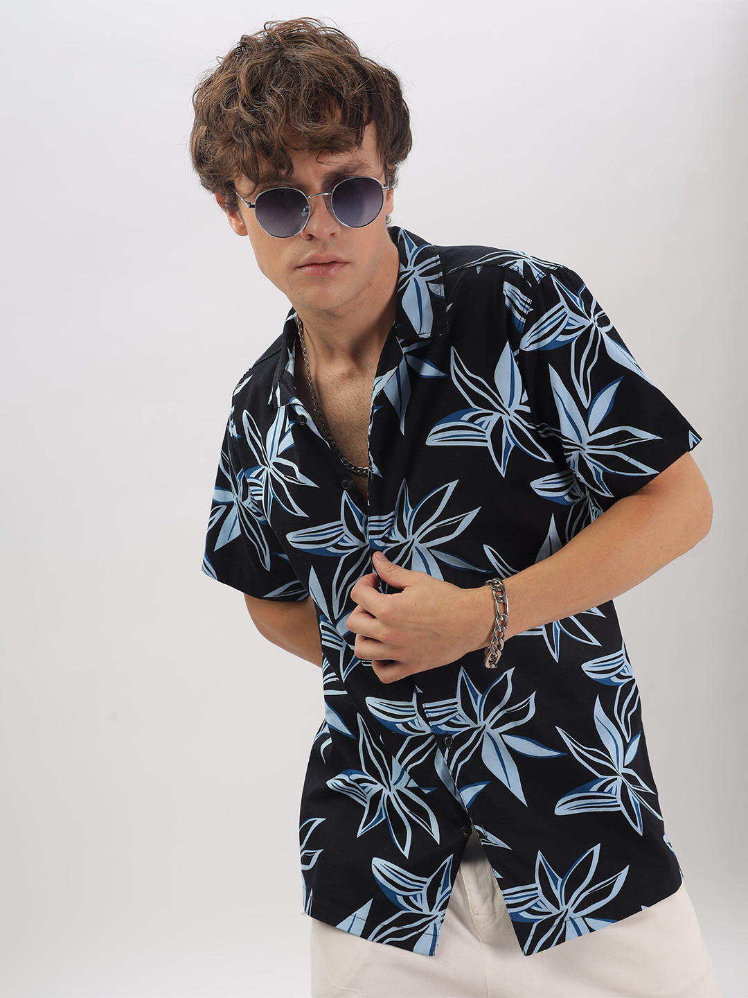 London Hills Men Standard Cuban Collar Floral Printed Cotton Casual Shirt