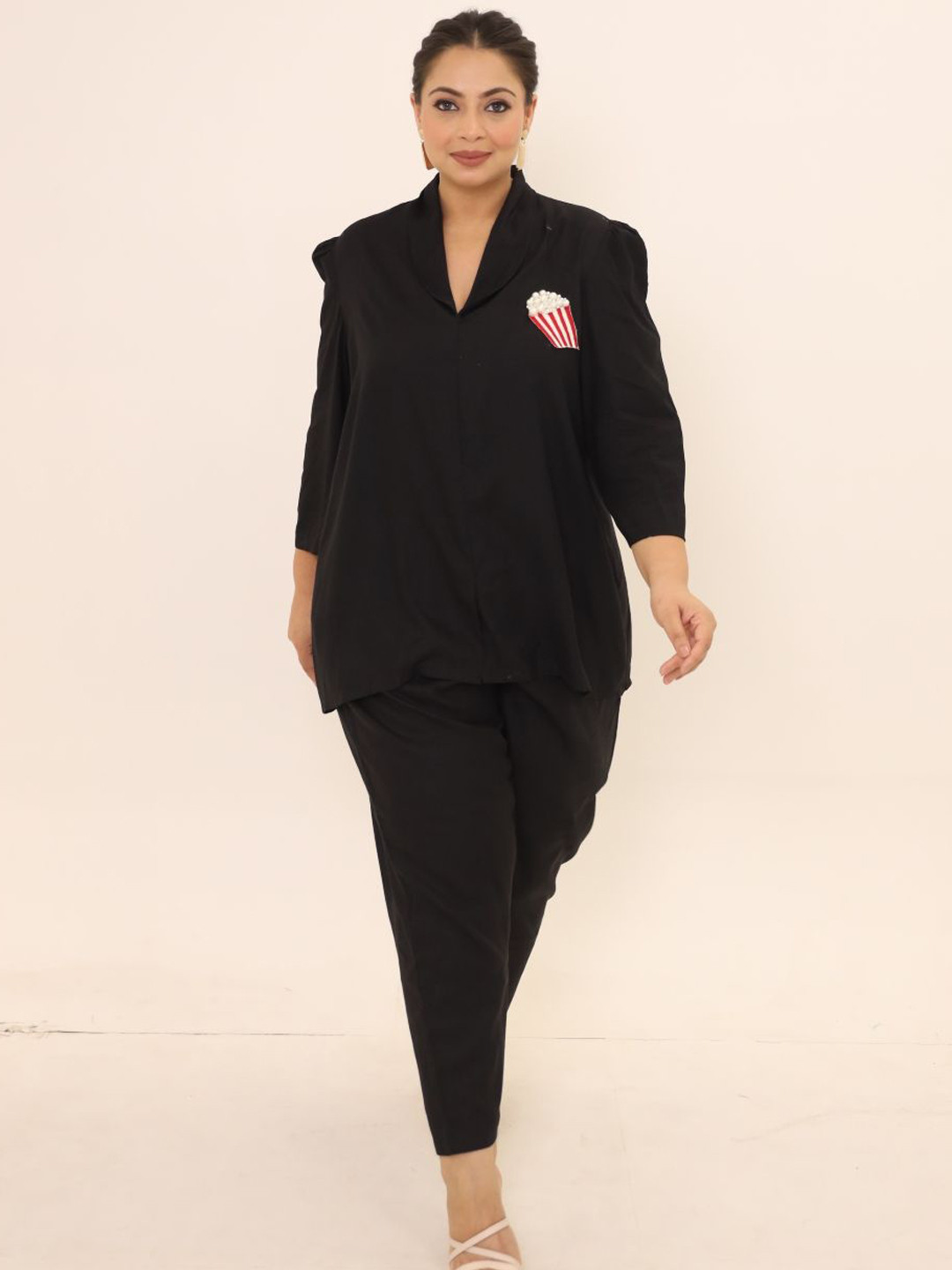 Swadeshi Shringaar Shawl Neck Beaded Top With Trousers