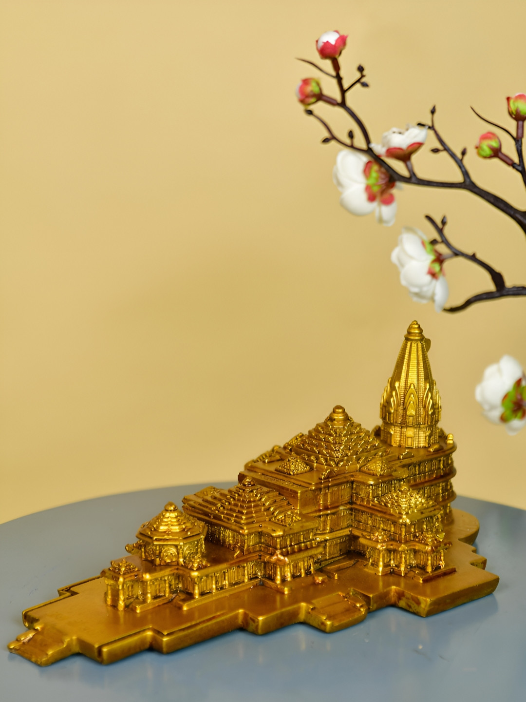 SOWPEACE Ram Mandir Gold Resin Glossy Home Office Small Showpiece - 2.8 Inches
