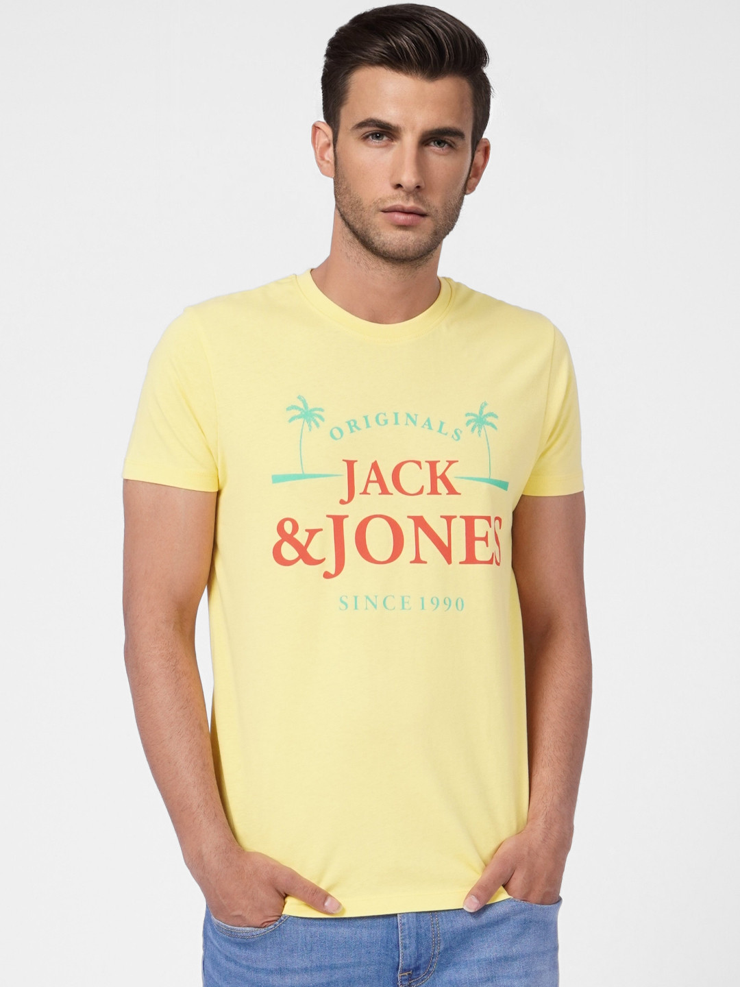 Jack & Jones Men Yellow & Red Brand Logo Printed Pure Cotton Slim Fit T-shirt