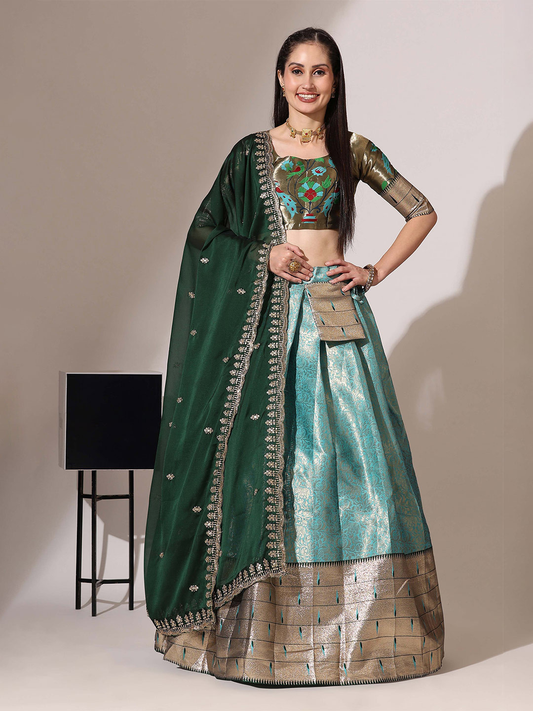Fabcartz Woven Design Square Neck Semi Stitched Lehenga & Unstitched Blouse With Dupatta