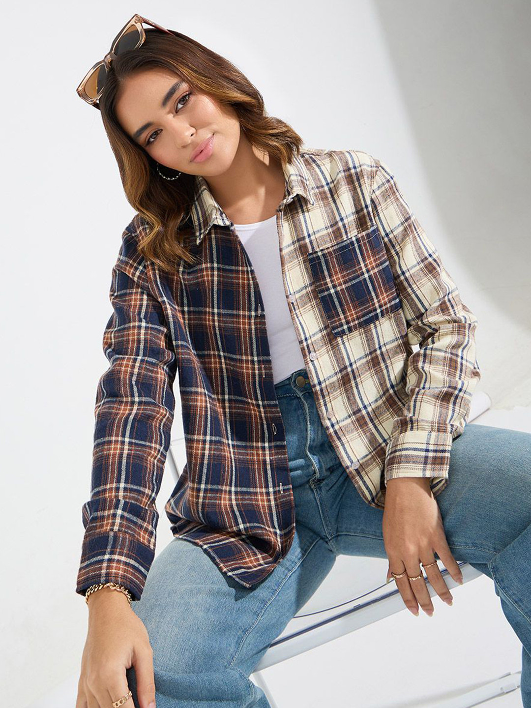 Styli Women Contrast Checked Print Oversized Shirt