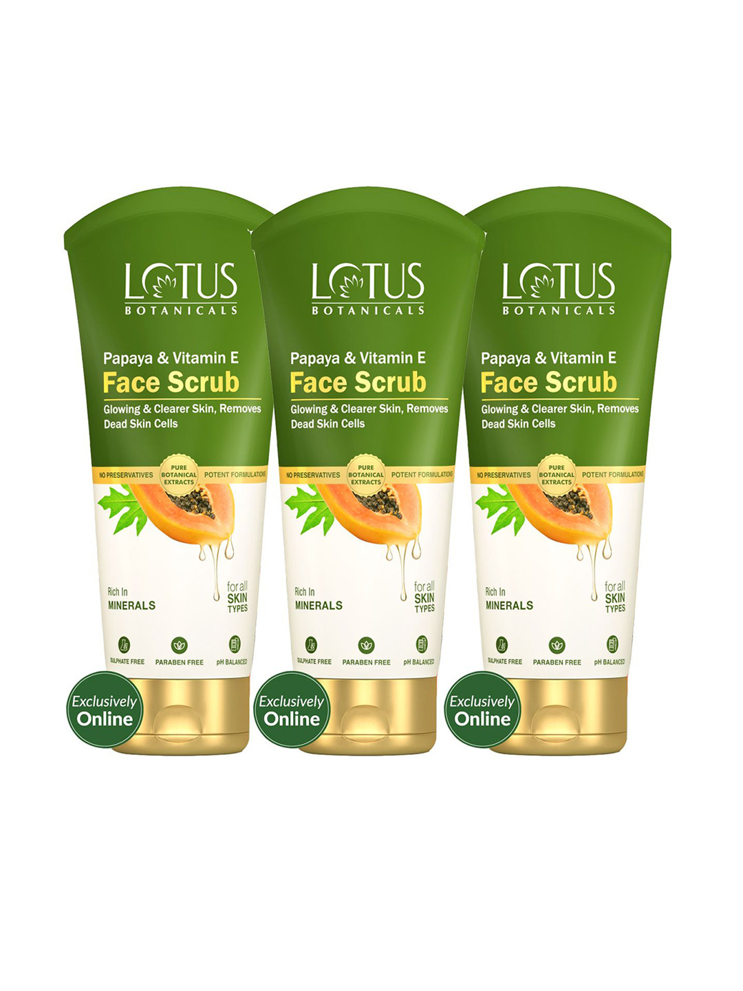 Lotus Botanicals Set Of 3 Papaya & Vitamin E Brightening Face Scrub- 100g Each